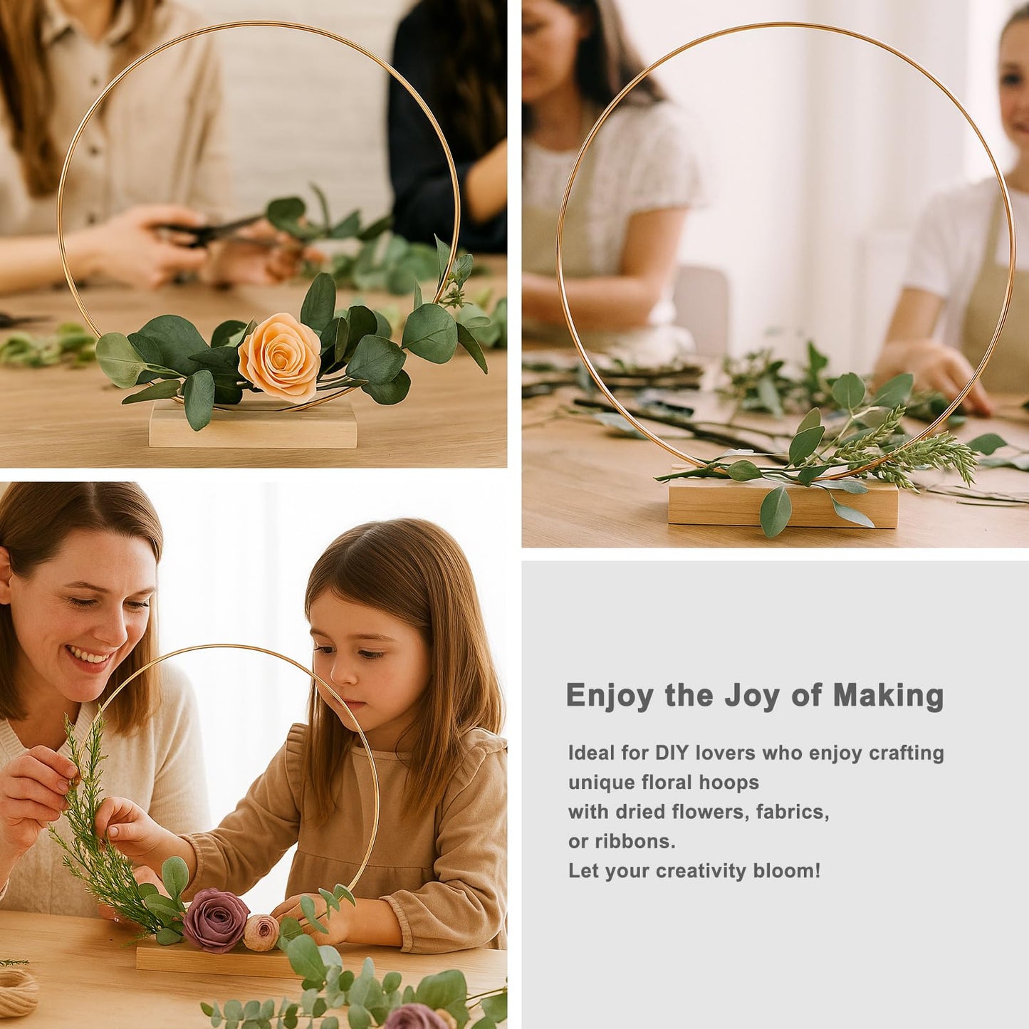 10 Pack Floral Hoop with Stand and 38-Yard Paddle Wire 12 Inch Metal Rings for DIY Centerpiece Table Decorations Crafts Macrame Rings Hoop Wreath Dream Catcher Rings Wedding Christmas Wreaths, Gold