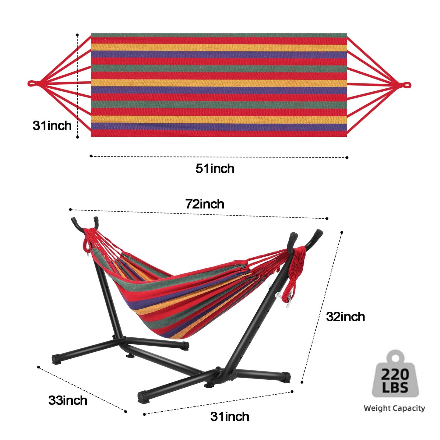 Goutime Children's Hammock with Stand, 220 lb Capacity, with Portable Carrying Bag, Kids Hammocks for Indoor, Outdoor, Patio, Deck, Yard, Beach (Red Stripe, Child Size)