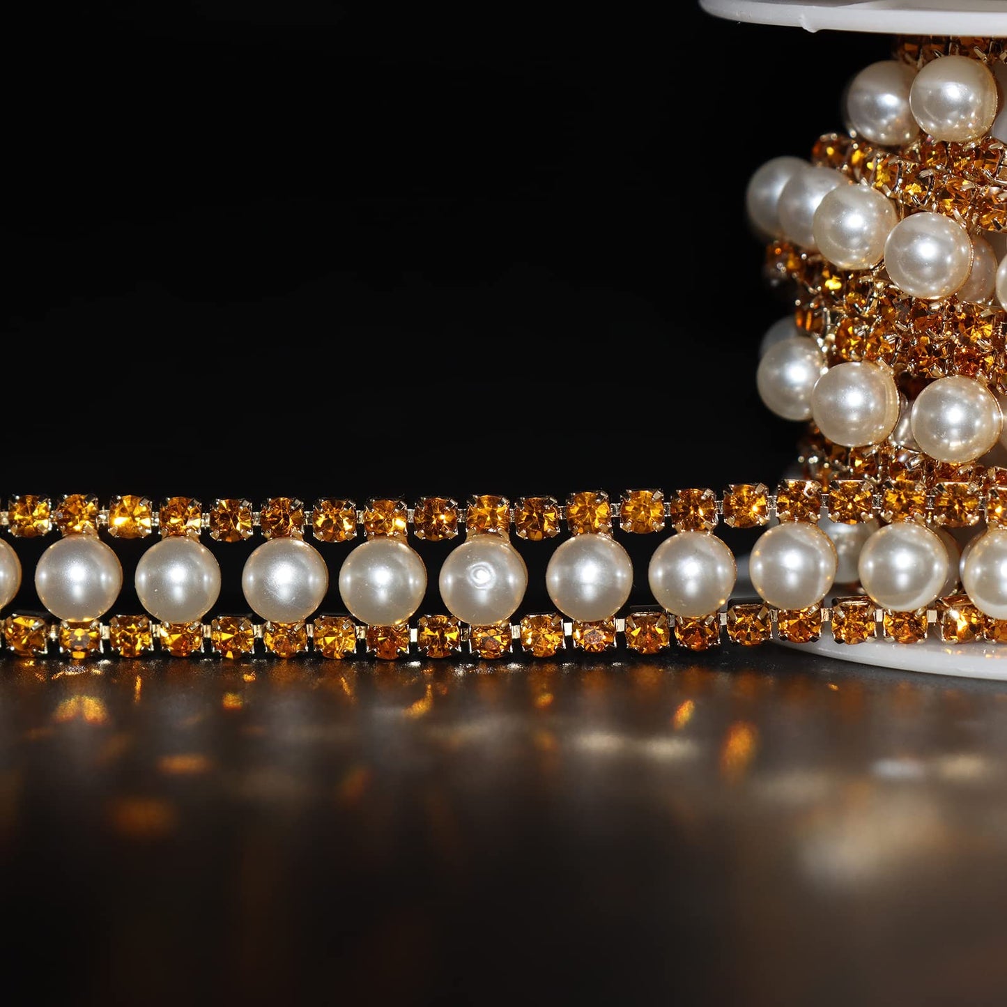Jerler Gold Rhinestone Trim Applique 1 Yard 2 Rows Crystal Chain Banding Diamond Inlaid White Pearl Beaded Rhinestones for Crafts Clothing and Bridal Embellishments Wedding Ideas Christmas Decorations