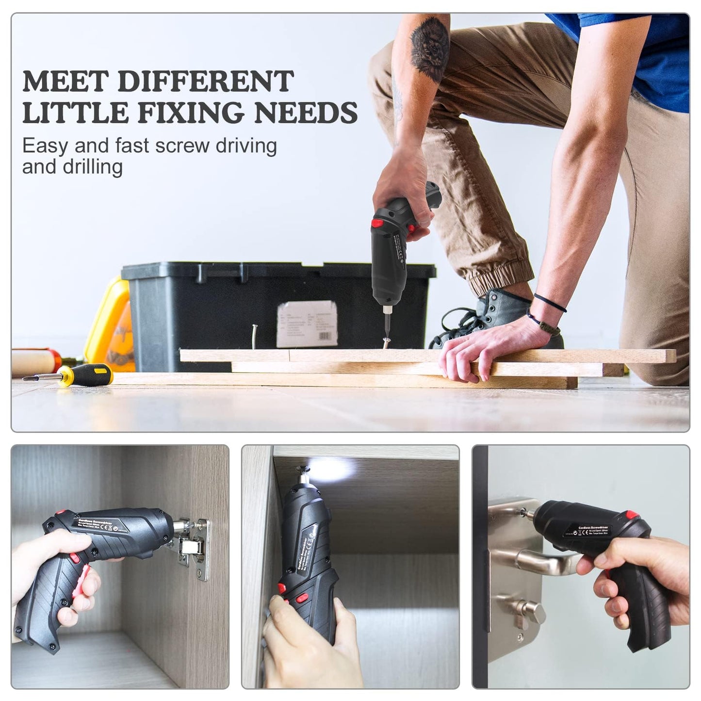 MYMULIKE Cordless Electric Screwdriver, 3.6V Rechargeable Power Screwdriver with 47pcs Accessories, usb Charging, 3Nm Screw Gun, Mini Screwdriver set with LED Light Electric Power Drill Set