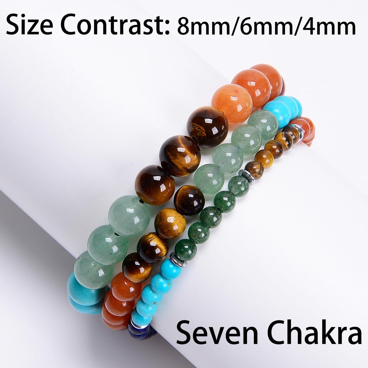 CHCCOYE 4mm Handmade Adjustable Natural Gemstone Crystal Bracelet Healing Power Energy Inspirational Gifts with Card for Unisex (Seven Chakra Stones)