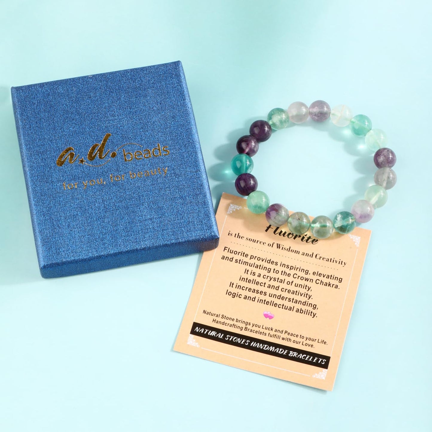 AD Beads 6mm Handmade Fluorite Elastic Bracelet – Natural Gemstone for Is the source of Wisdom and Creativity – Meditation, Yoga, Healing and Energy Gift for Men Women