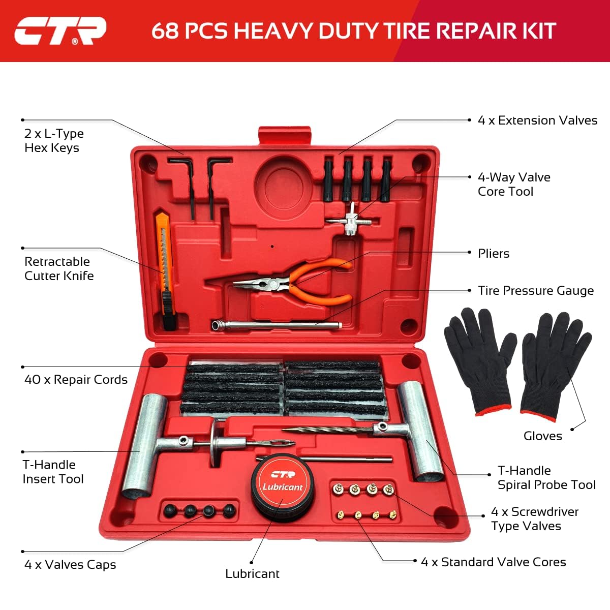 CTR Heavy Duty Tire Plug Kit - 68pcs All-in-One Universal Tire Repair Kit with Plugs, Professional Tools for Tubeless Tyre Flats for Cars, Truck, RV, SUV, ATV, Motorcycle, Tractor, Trailer - GE0001