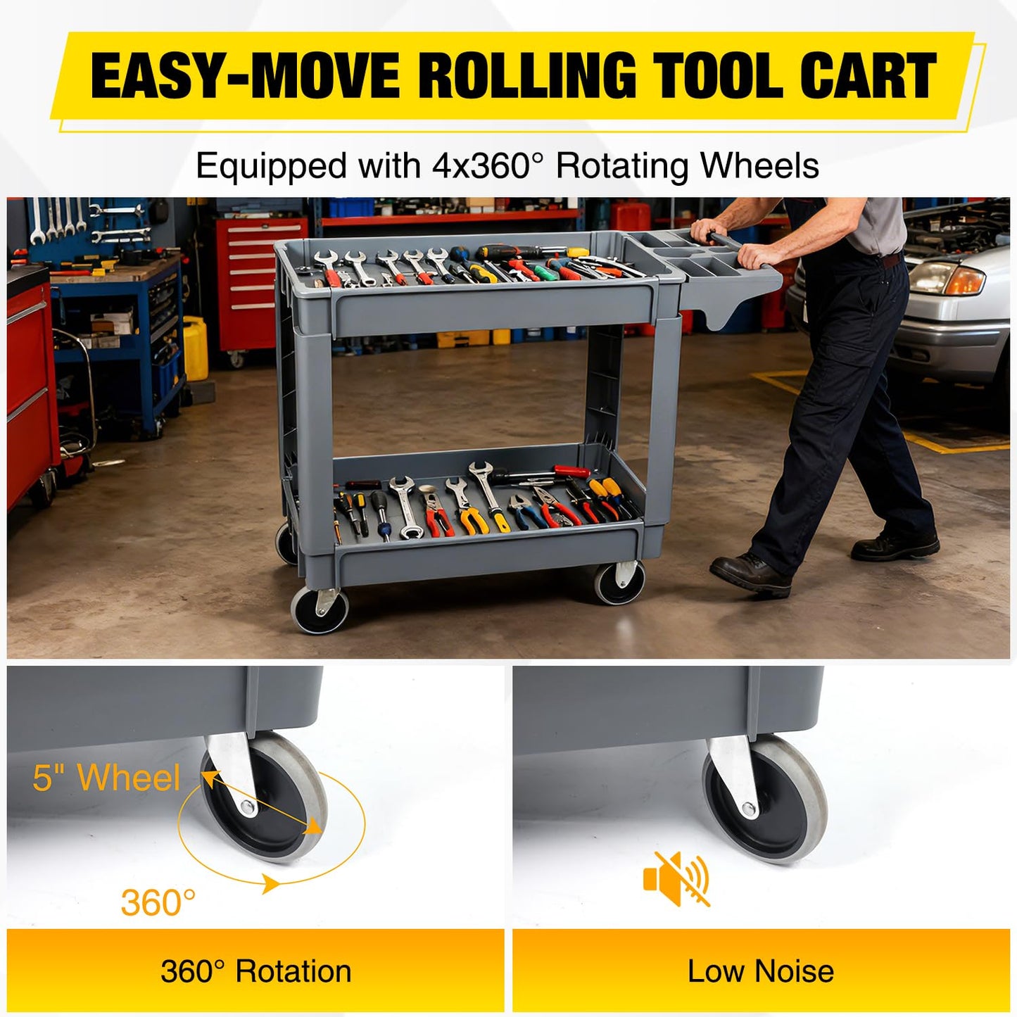 POTOLON Heavy Duty 2-Shelf Plastic Utility Cart - 550 lbs Capacity Rolling Service Cart with 5" TPU Silent Wheels & Integrated Tool Handle - Grey
