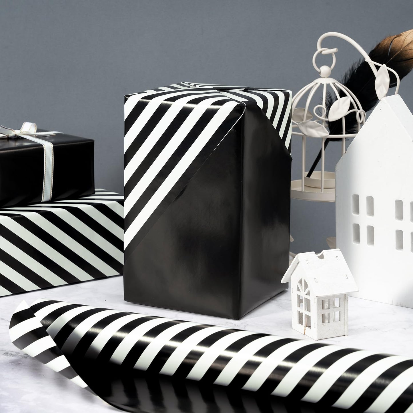 WRAPAHOLIC 30 Inch Reversible Black Wrapping Paper - Black and Stripes Wrapping Paper for Birthday, Holiday, Wedding, Baby Shower - 30 inch x 33 feet