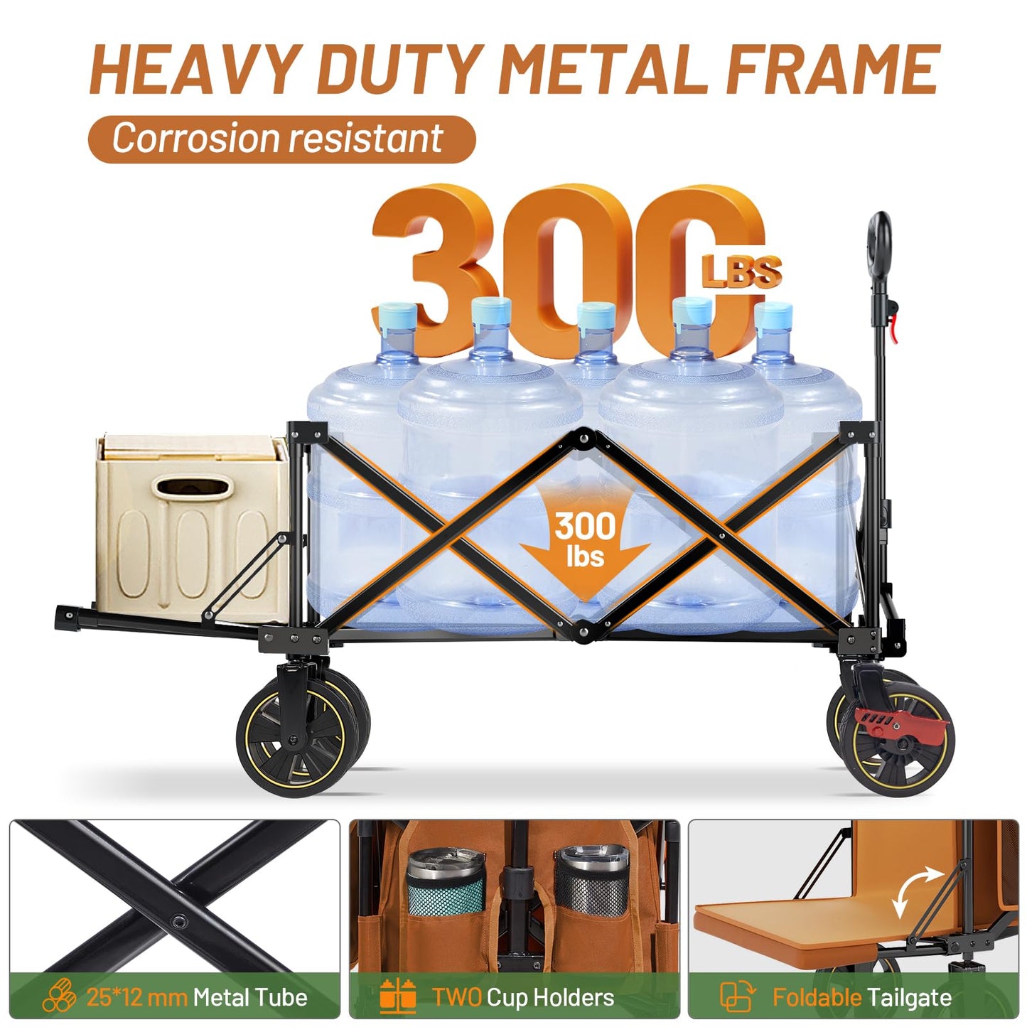 Timber Ridge 49" Extra Long Collapsible Folding Wagon with Tailgate and Brakes, 250L Capacity All-Terrain Wagon Carts Foldable, 300lbs Portable Cart for Dog, Garden, Outdoor Camping Sports, Orange