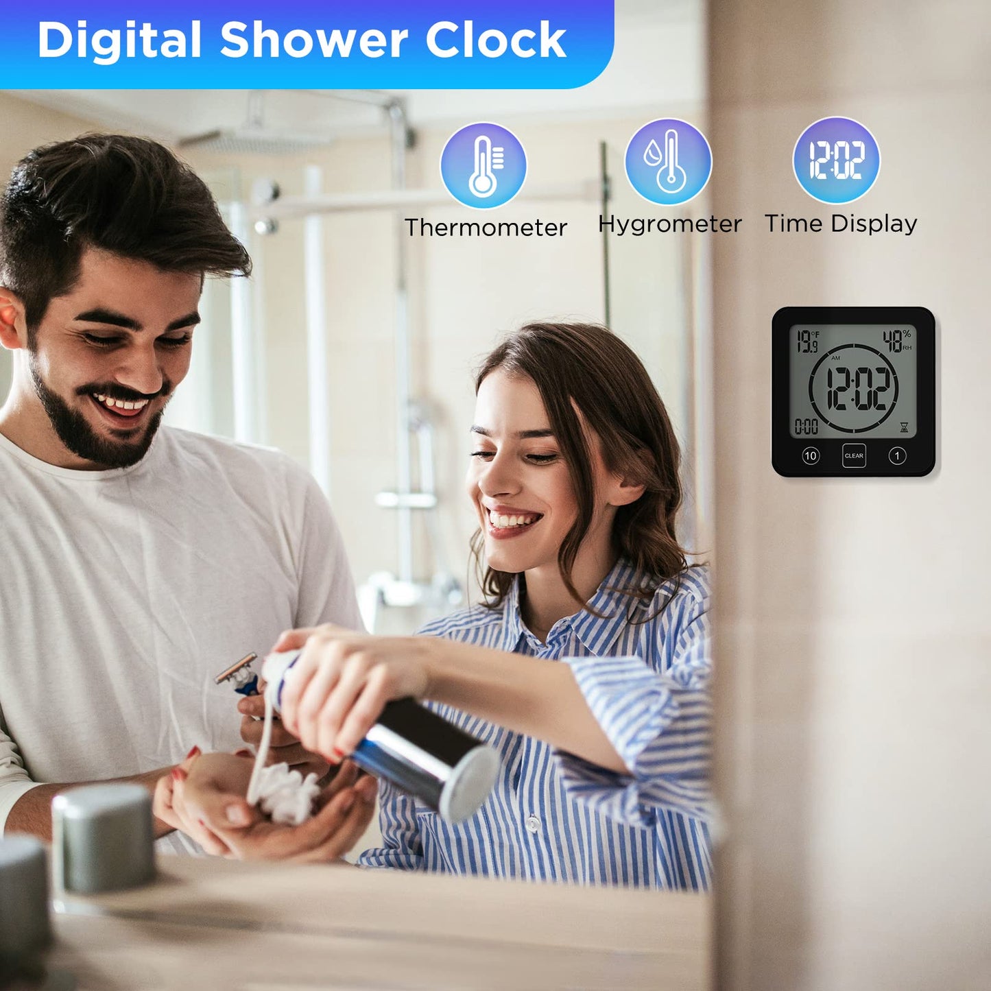 SS SUNSBELL Digital Bathroom Shower Wall Clock Timer, Shower Clock Waterproof with Big LCD Display, Touch Screen Timer with Suction, Large Countdown Visual Hanging Wall Clock (Black)
