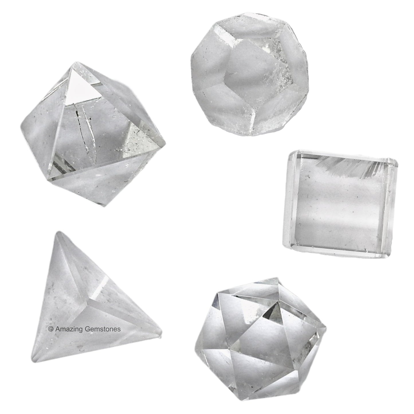 Amazing Gemstone Clear Quartz Platonic Solids Crystals - Set of 5 Sacred Geometry and Healing Stones Solidos Platonicos Sacred Geometry Kit for Energy Chakra Balancing, Reiki, Meditation