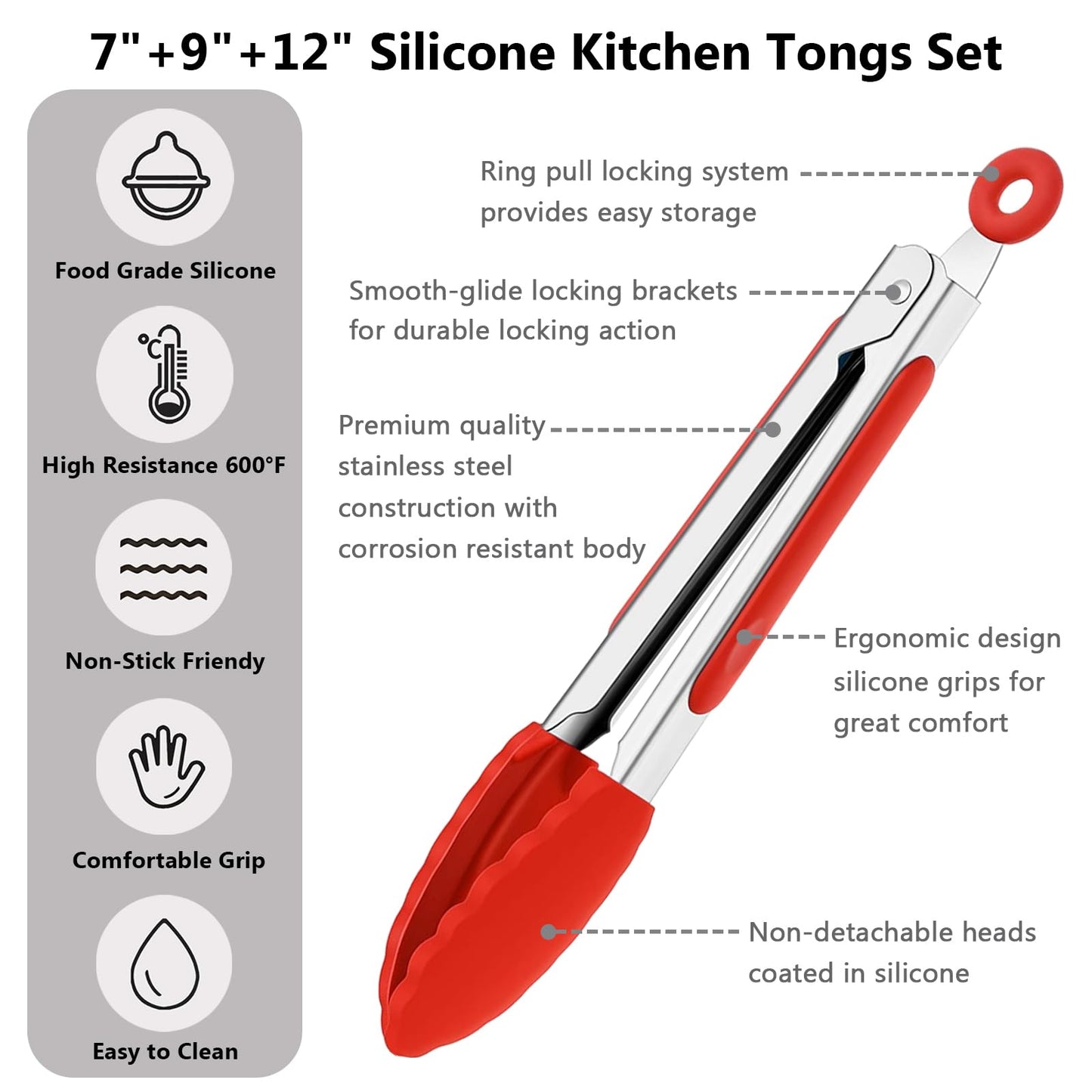 IOCBYHZ Kitchen Tongs for Cooking w Non-Stick Silicone Tips, 600°F Heat Resistant Silicone Cooking Food Tong Set Heavy Duty Stainless Steel Handle for Baking Grilling BBQ Salad Serving, 7" 9" and 12"