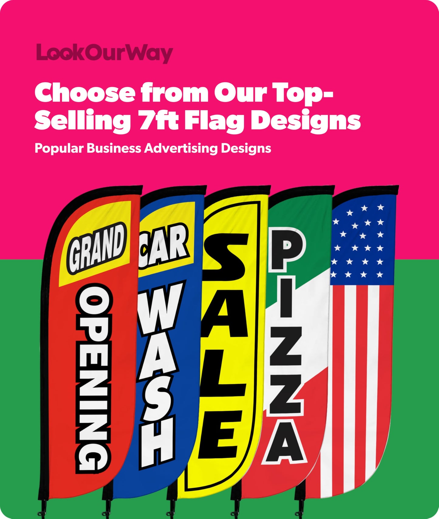LookOurWay Feather Flag Pole Kit 3-Pack Bundle - 7ft Tall Grand Opening Advertising Banners with Poles and Ground Spikes - Now Open Red & Yellow