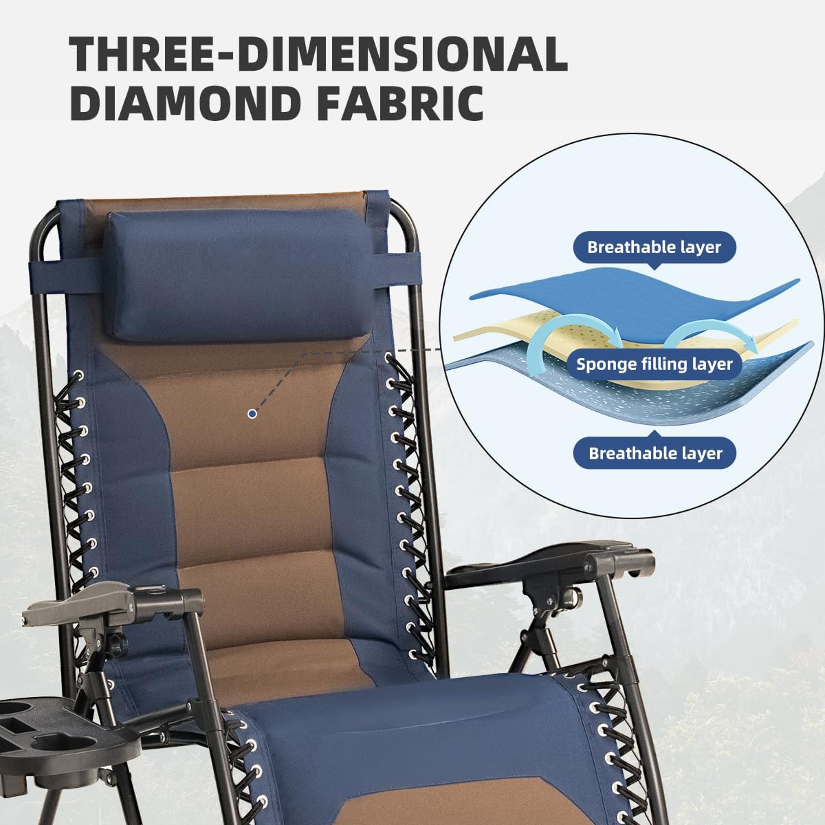 Foristrail Zero Gravity Chair Oversized Padded Recliner with Adjustable Headrest & Cup Holder - 600D Oxford Folding Lounge Chair for Outdoor Camping, Patio, Poolside (Brown & Blue)