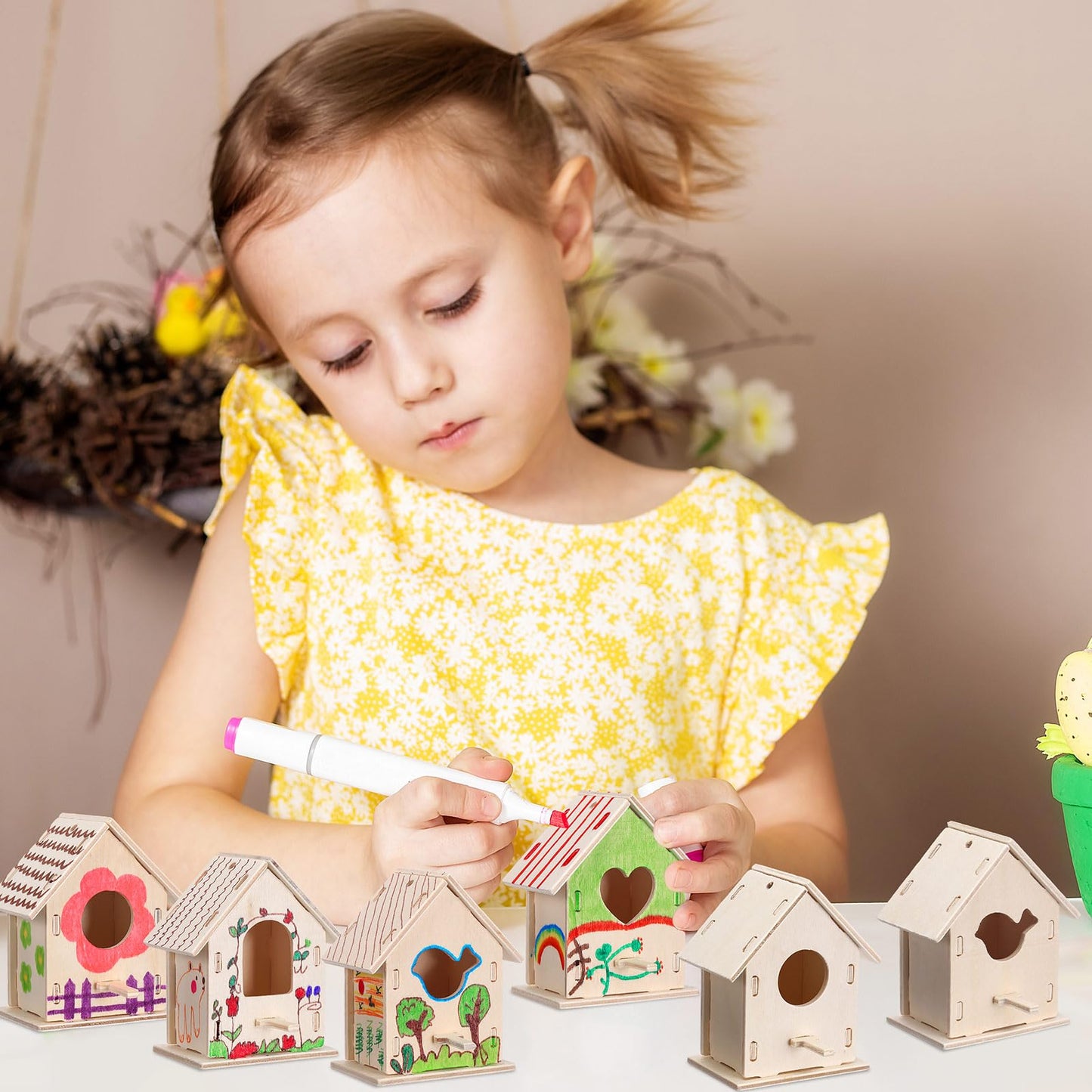 Outus 24 Pcs Wooden DIY Birdhouse Kits for Kids to Build, 4 Shapes Birdhouse Kit Wooden Unfinished with Butterfly Sticker for Boy Girl Arts Crafts(Lovely)