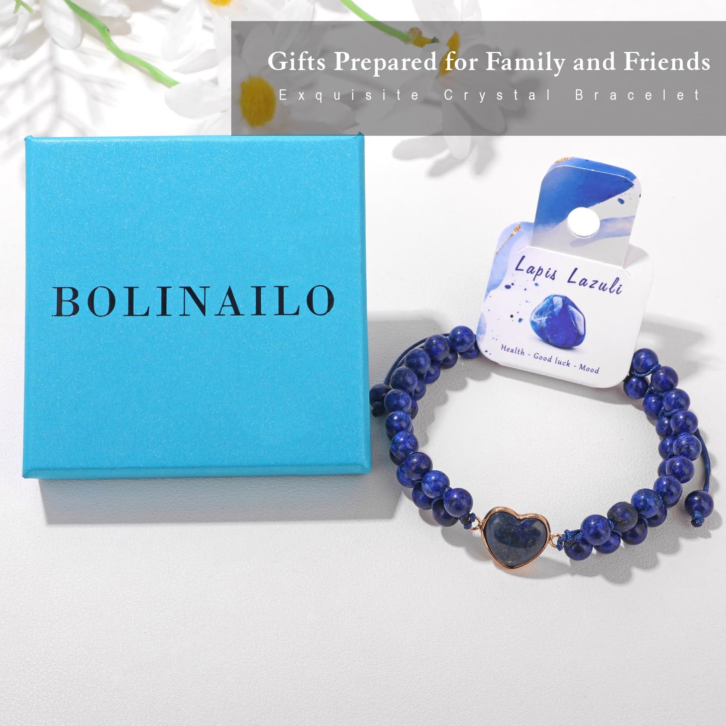 Natural Stone Bracelets for Women Crystal Beaded Bracelets Lapis Lazuli Heart Handmade Adjustable Bracelet Braided Healing Crystal for Women Men Mothers Day Christmas Graduation Gifts Jewelry