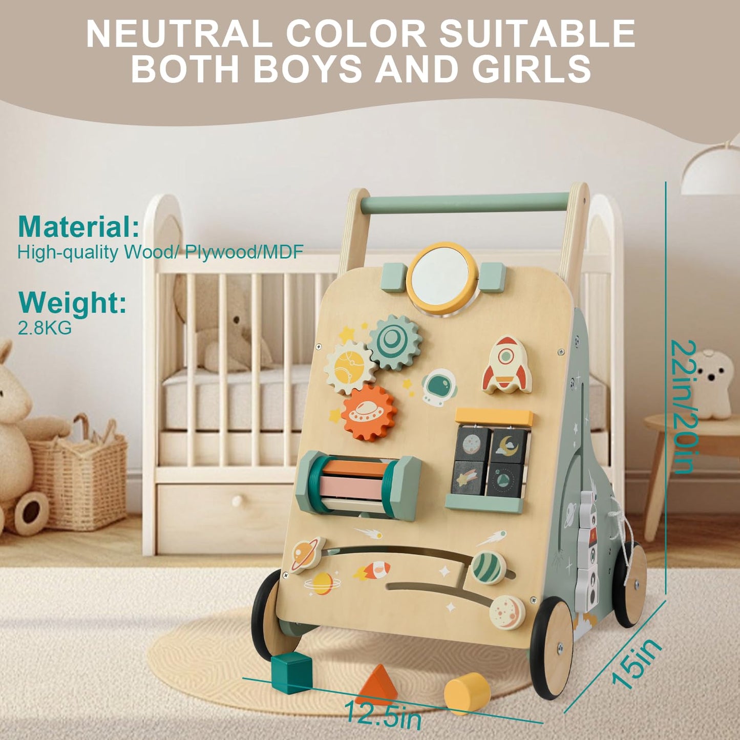 MILEFUN Adjustable Wooden Baby Walker – Montessori Push Toy for 1 Year Old with Rocket-Themed Activity Center, Sit-to-Stand Walker Gift for Boys and Girls