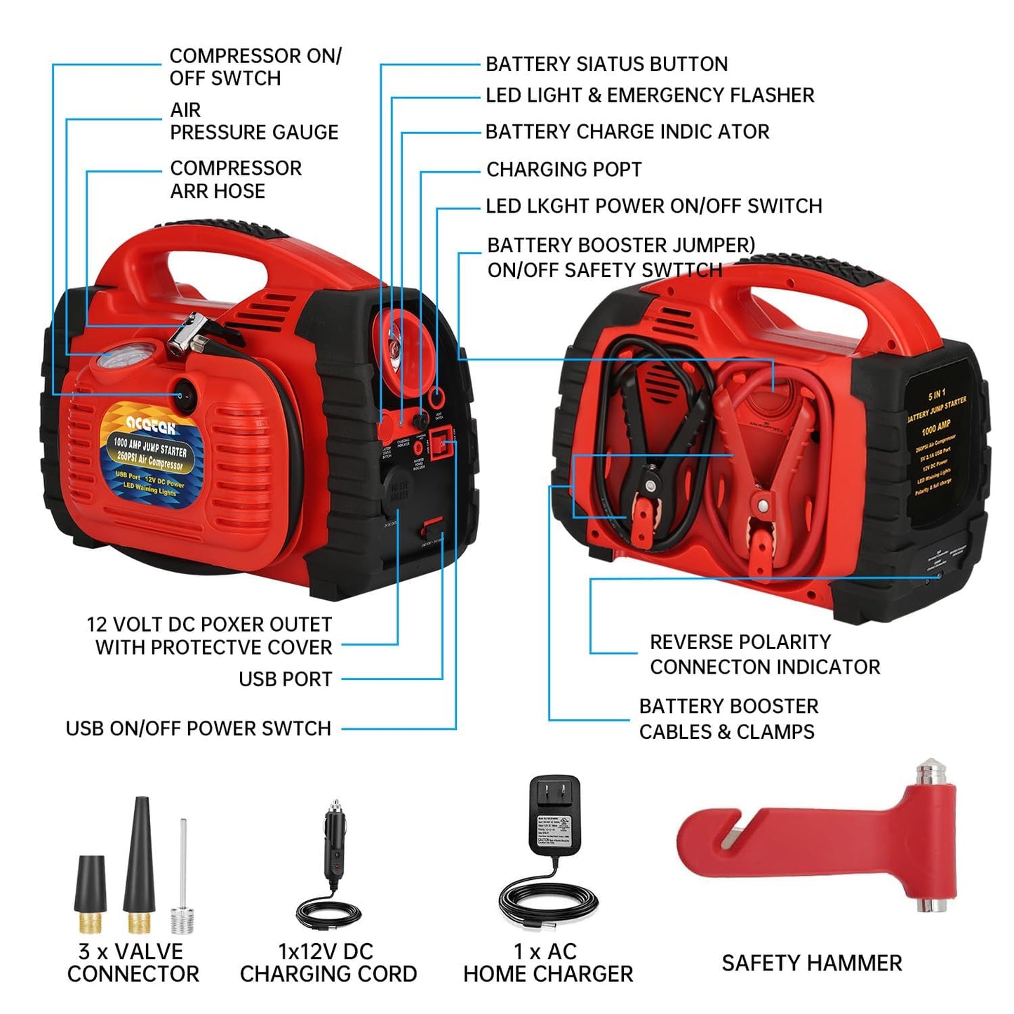 Jump Starter, acetek 1000Amp 12V Lead-Acid Battery Jump Starter with 260 PSI Air Compressor, Jump Box for Up to 5.0L Gas & 5.0L Diesel Engines, Portable Power Station with LED Light