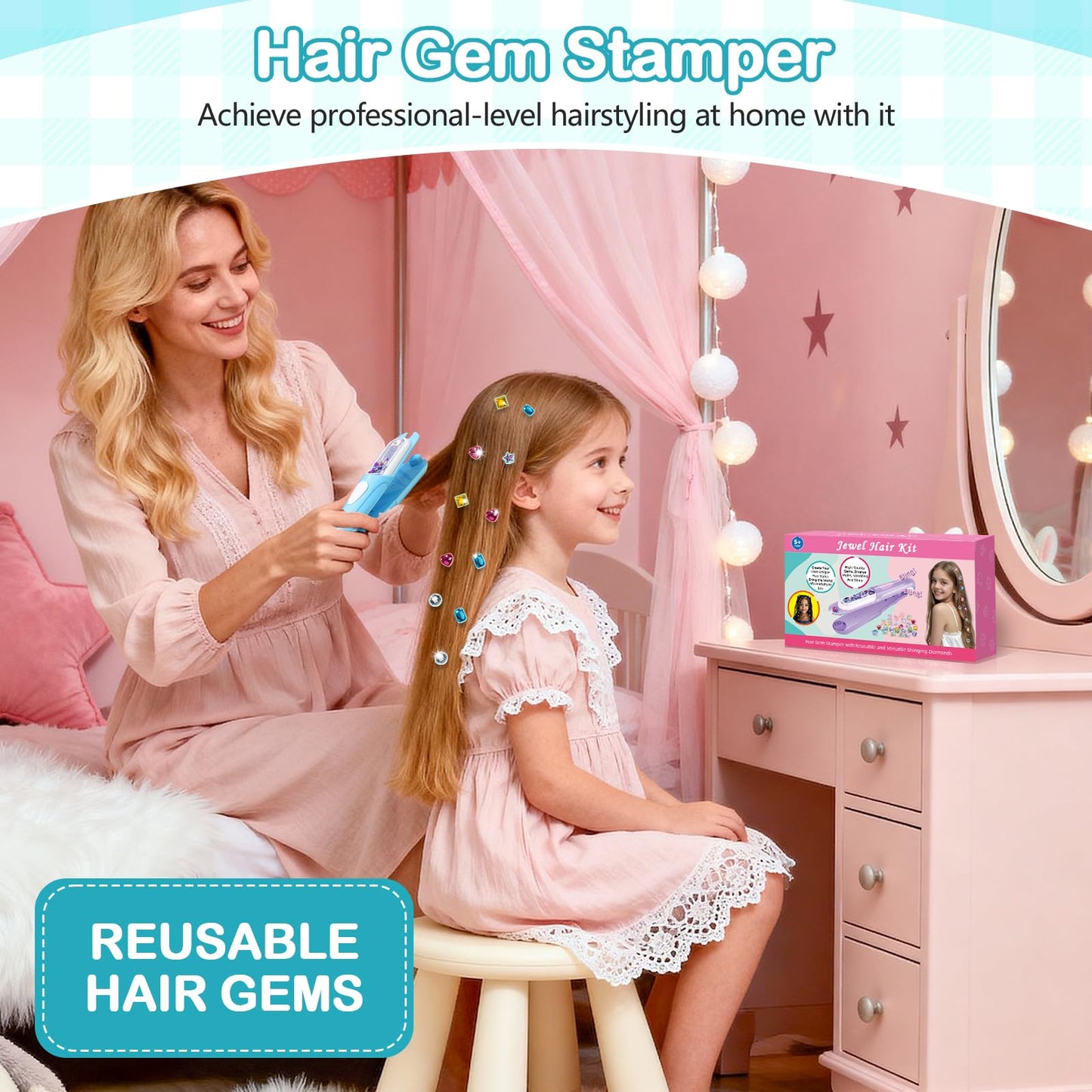 ADXVR Hair Gem Stamper Kit - Bling Hair Jewels for Girls Toys - Hair Accessories with Reusable Shining Diamonds, Birthday for Girls 3 4 5 6 8-12