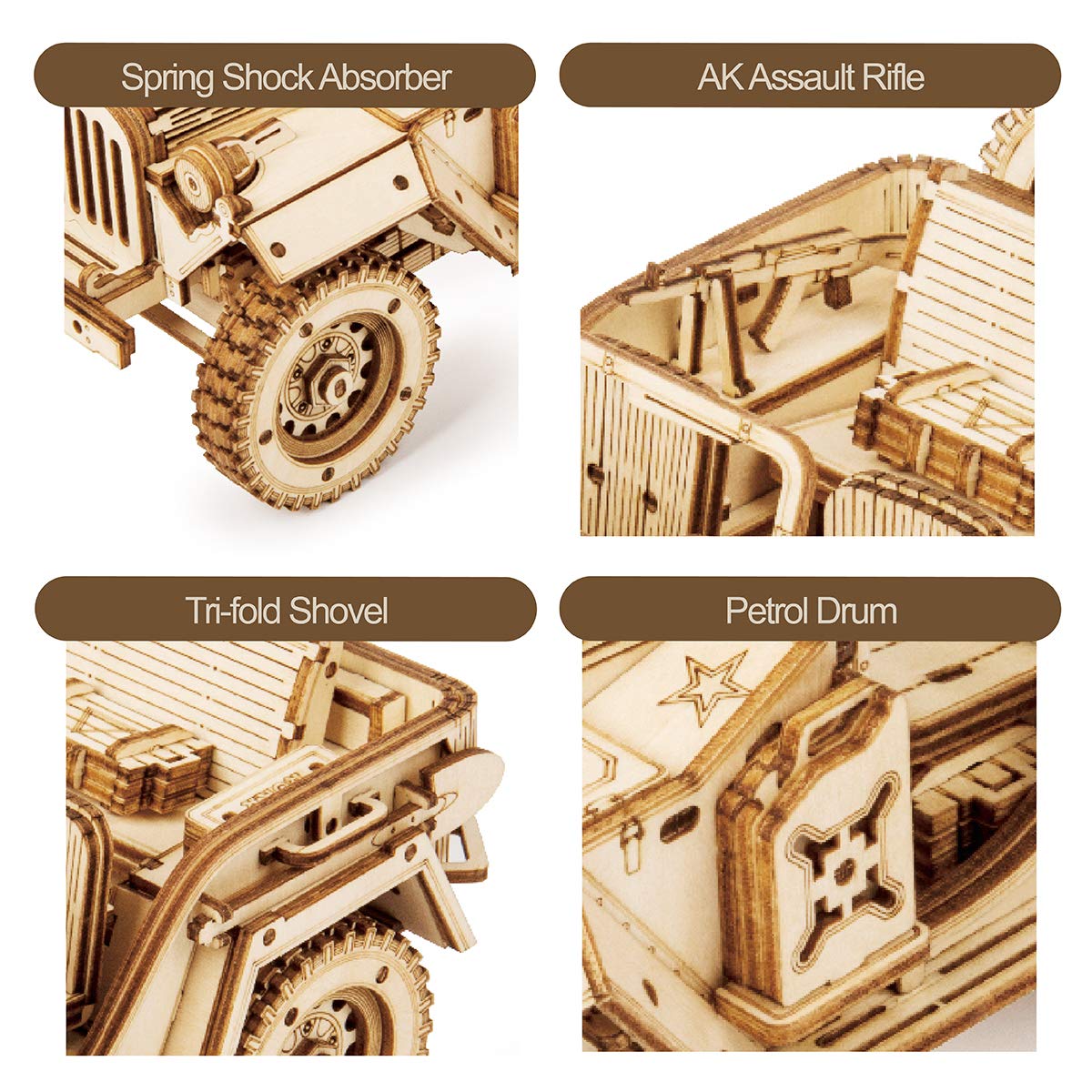 ROKR 3D Wooden Puzzle for Adults-Mechanical Car Model Kits-Brain Teaser Puzzles-Vehicle Building Kits-Unique Gift for Adults,Teens on Birthday/Christmas Day(1:18 Scale)(MC701-Army Field Car)