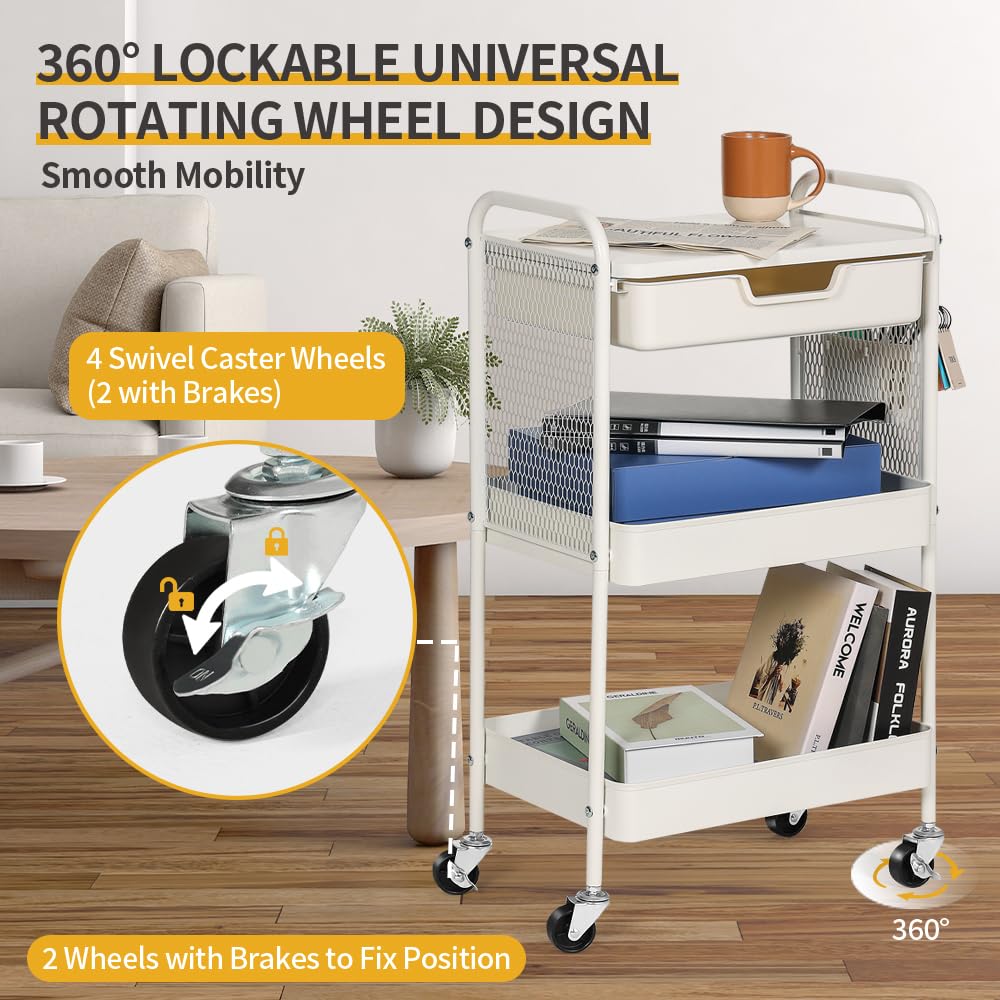 CRUDATE 3-Tier Rolling Cart with Drawer, Metal Utility Storage Cart Organizer with Lockable Wheels&Hanging Cups&Hooks, Mobile Storage Craft Carts Trolley with Mesh Shelves for Kitchen, Office-White