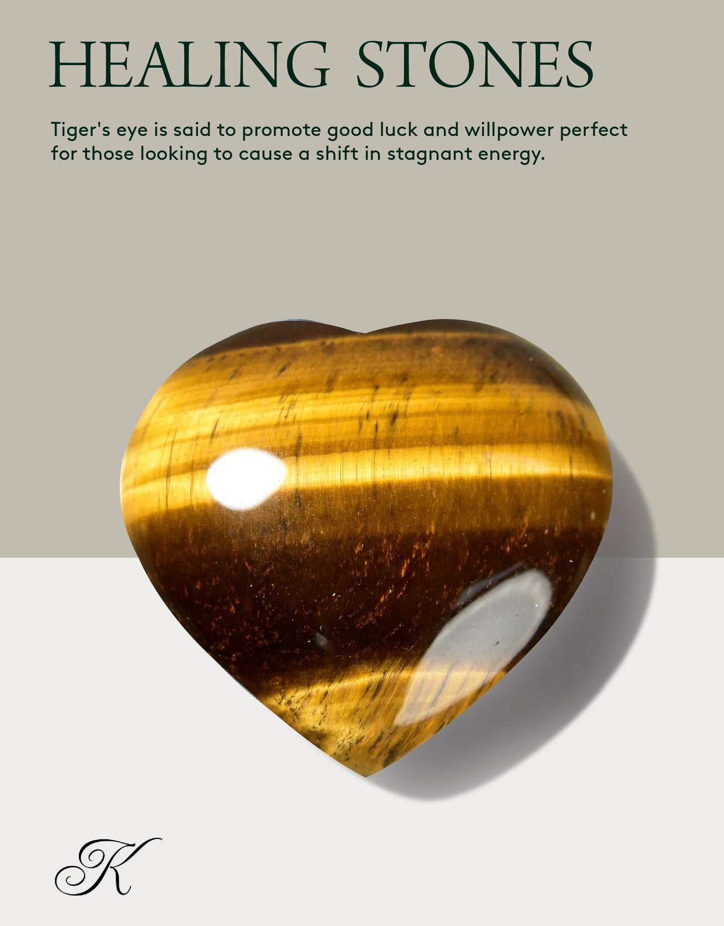 KALIFANO Tiger's Eye Heart - Worry Stone with Healing & Calming Effects - AAA Grade High Energy Crystal with Information Card - Reiki Carving Used for Protection (Family Owned)