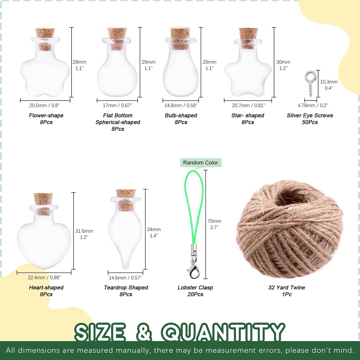 Keadic 119 Pcs 6 Shapes Mini Tiny Clear Glass Jars Bottles Set Includes Wish Bottles Glass Favors Jars with Cork Stoppers, Eye Screws, 32 Yards Twine for Arts Crafting, Projects, Decor, Party Favors