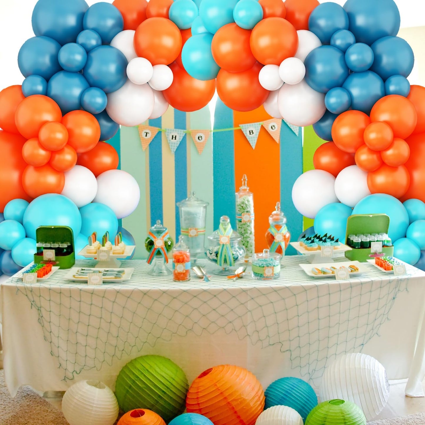 GRESATEK Orange-Blue-White Balloon Arch Garland Kit, Teal Blue Peacock White Latex Balloons, Blue & Orange White Party Balloons for Birthday, Wedding, Baby Shower, Party Supplies