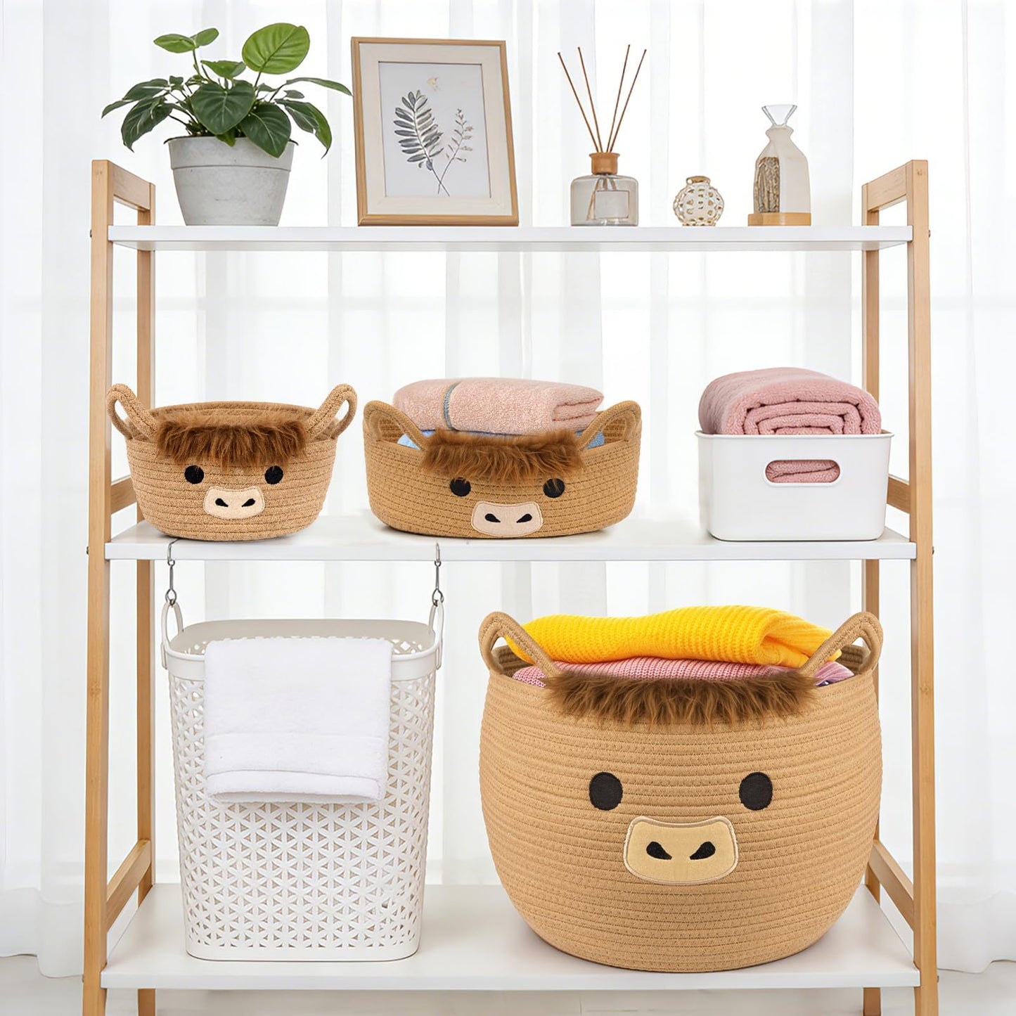 Hkojewp 3Pack Highland Cute Cow Storage Baskets Set for Nursery- Small, Oval, Large Woven Gift Basket, Rope Cotton Bins with Handles, Baby Laundry 0rganizer Shower Towel Blanket Clothes (9/12/15In)