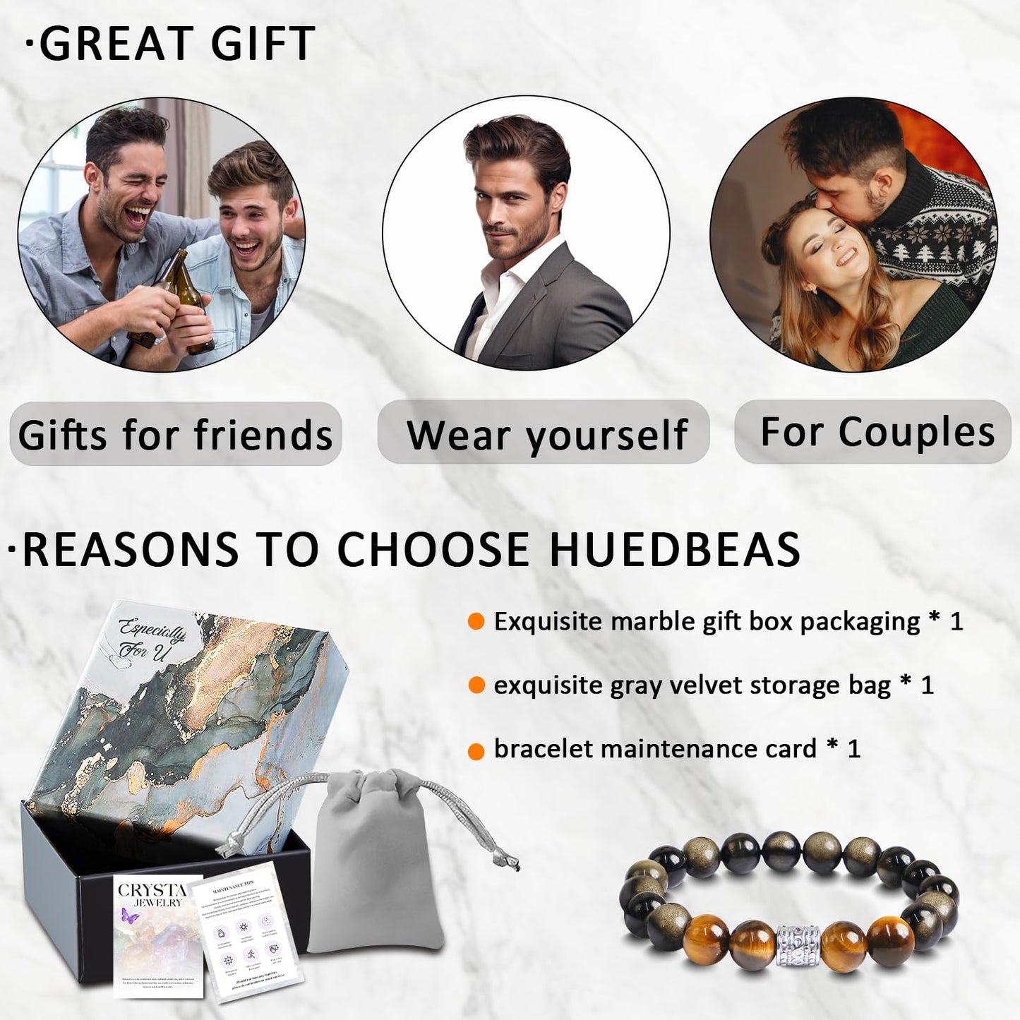 Tiger Eye Obsidian Beaded Bracelets For Men Gemstone Bracelets For Men &Women Fashion Natural Stone Men‘s Jewelry (black gold& yellow)