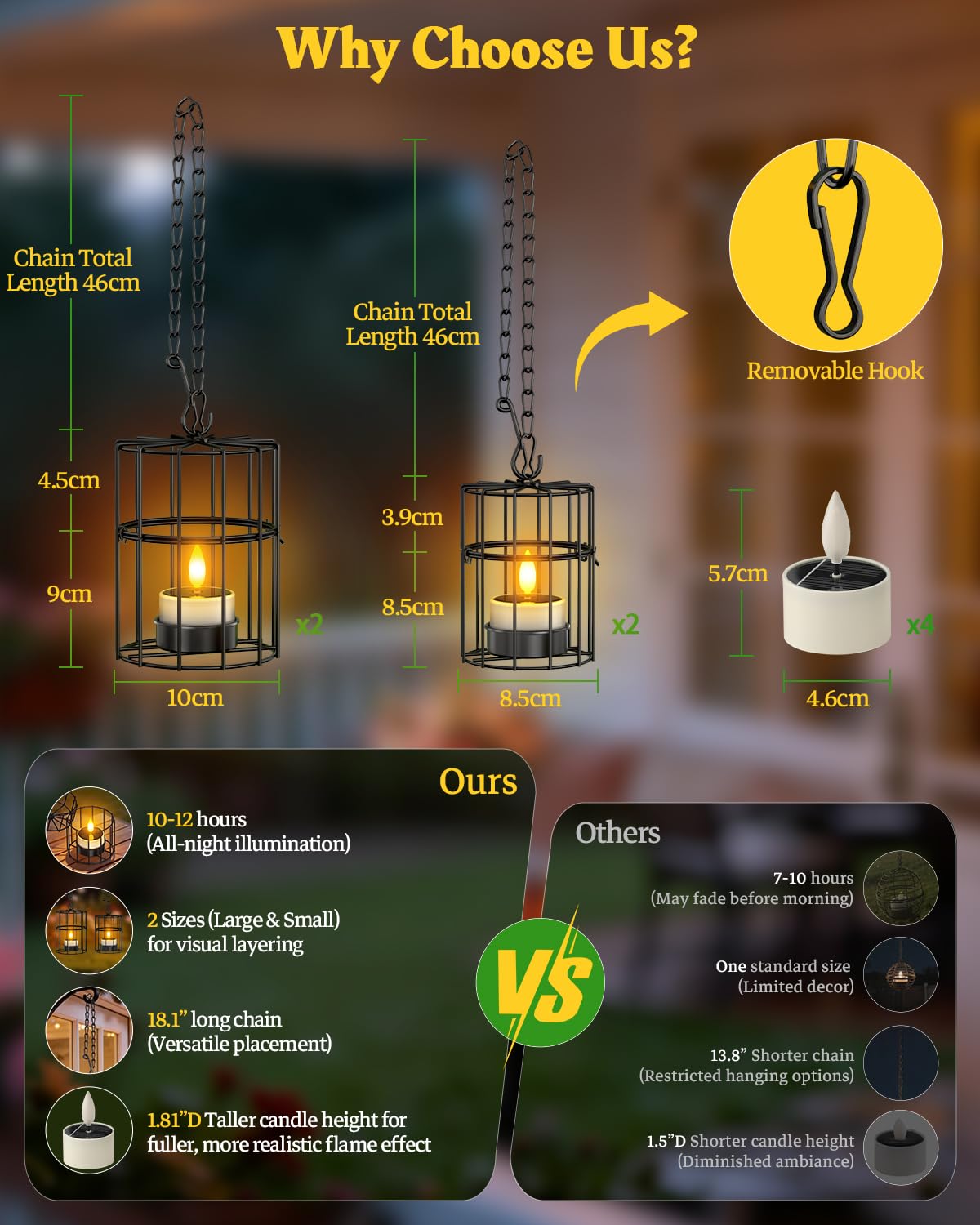 Yme Solar Hanging Lanterns Outdoor Waterproof, 2 Large 2 Small Hanging Candle Holders - 4PCS Flickering Flameless LED Solar Tea Lights, Outdoor Decor for Patio Garden Backyard Tree Fence Pergola