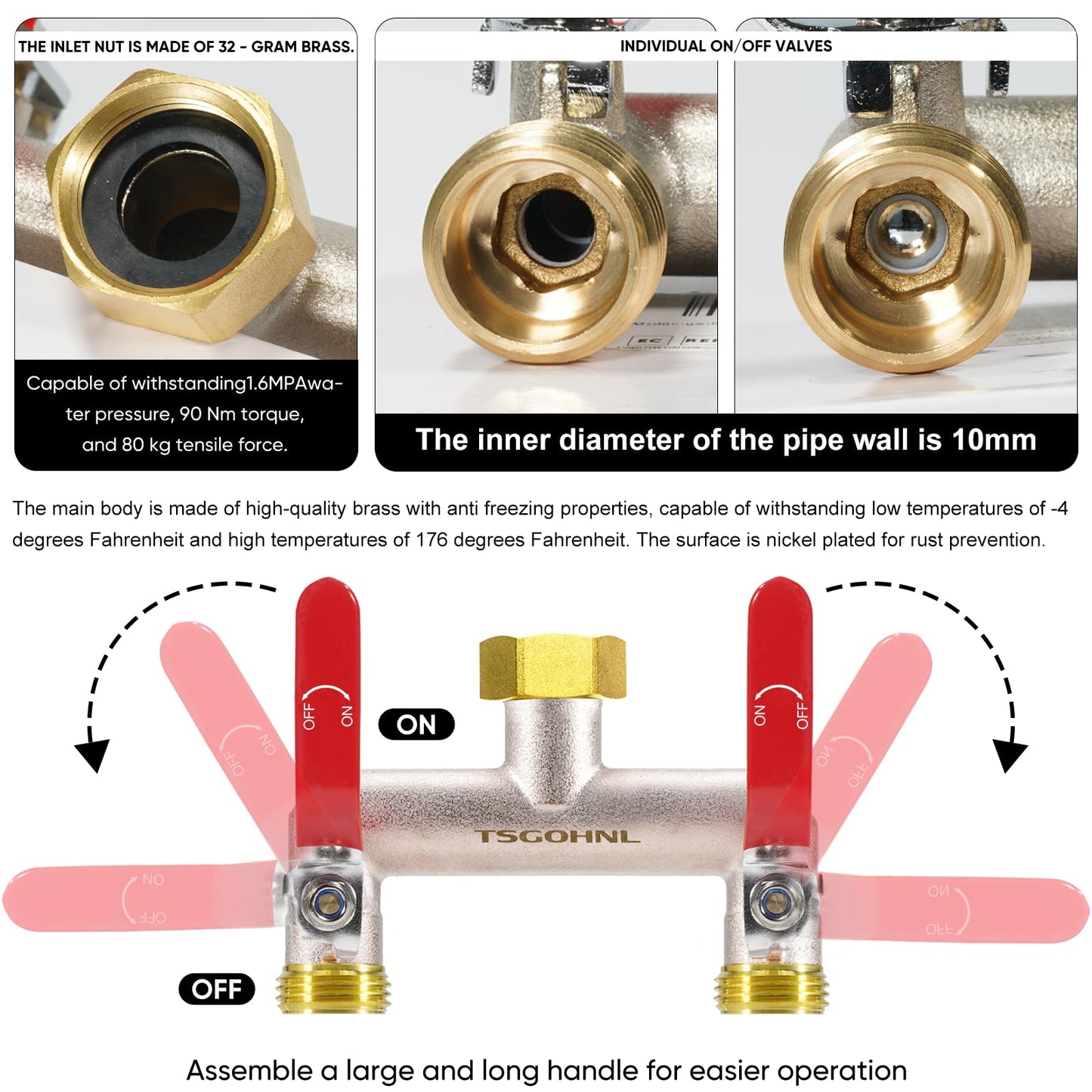 Yayamz Garden Hose Splitter, 3/4” Rust and Freeze Resistant Outdoor Hose Manifold with 2 Red Extra Long Handles Faucet Adapter-Heavy Duty Brass Nickel Plated 2-Way Valve