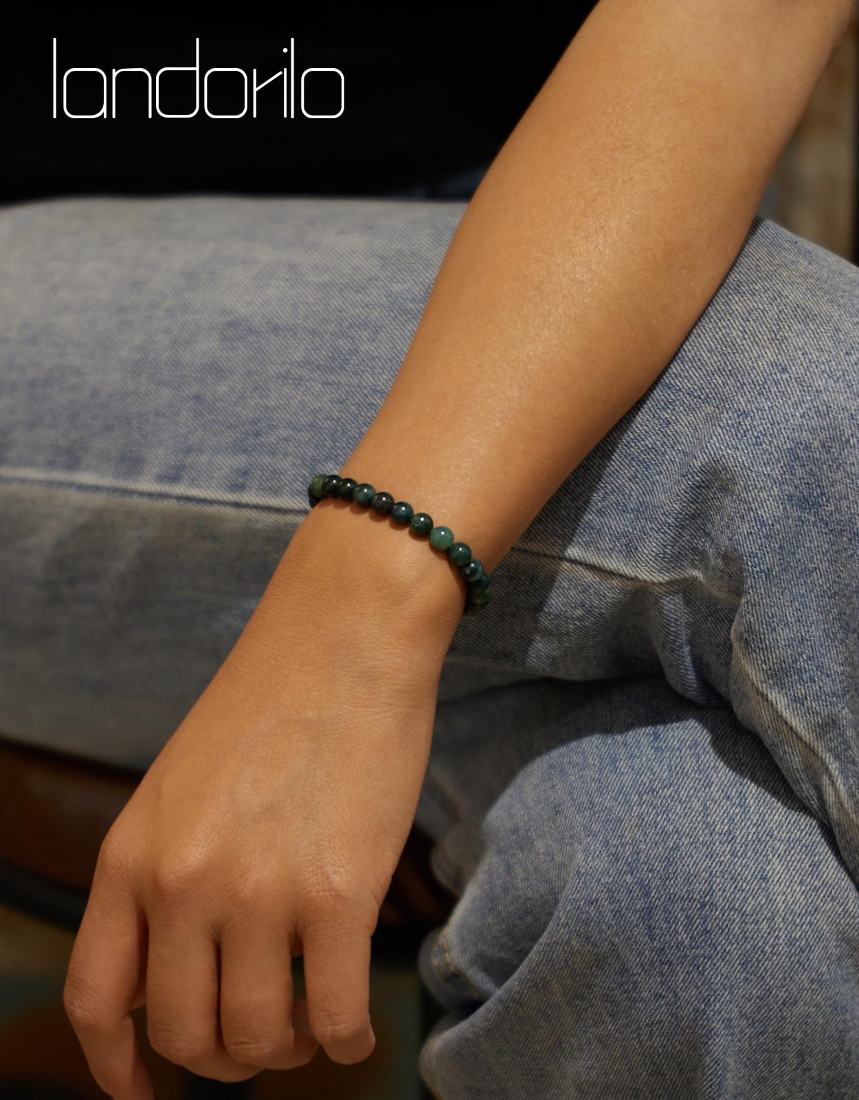 Landorilo Beaded Bracelet for Men Women, 6mm Natural Stone Moss Agate Healing Crystal Stretch Bracelets, Ideal Christmas Birthday Jewelry Gifts with Energy Card，Replacement Beads Included