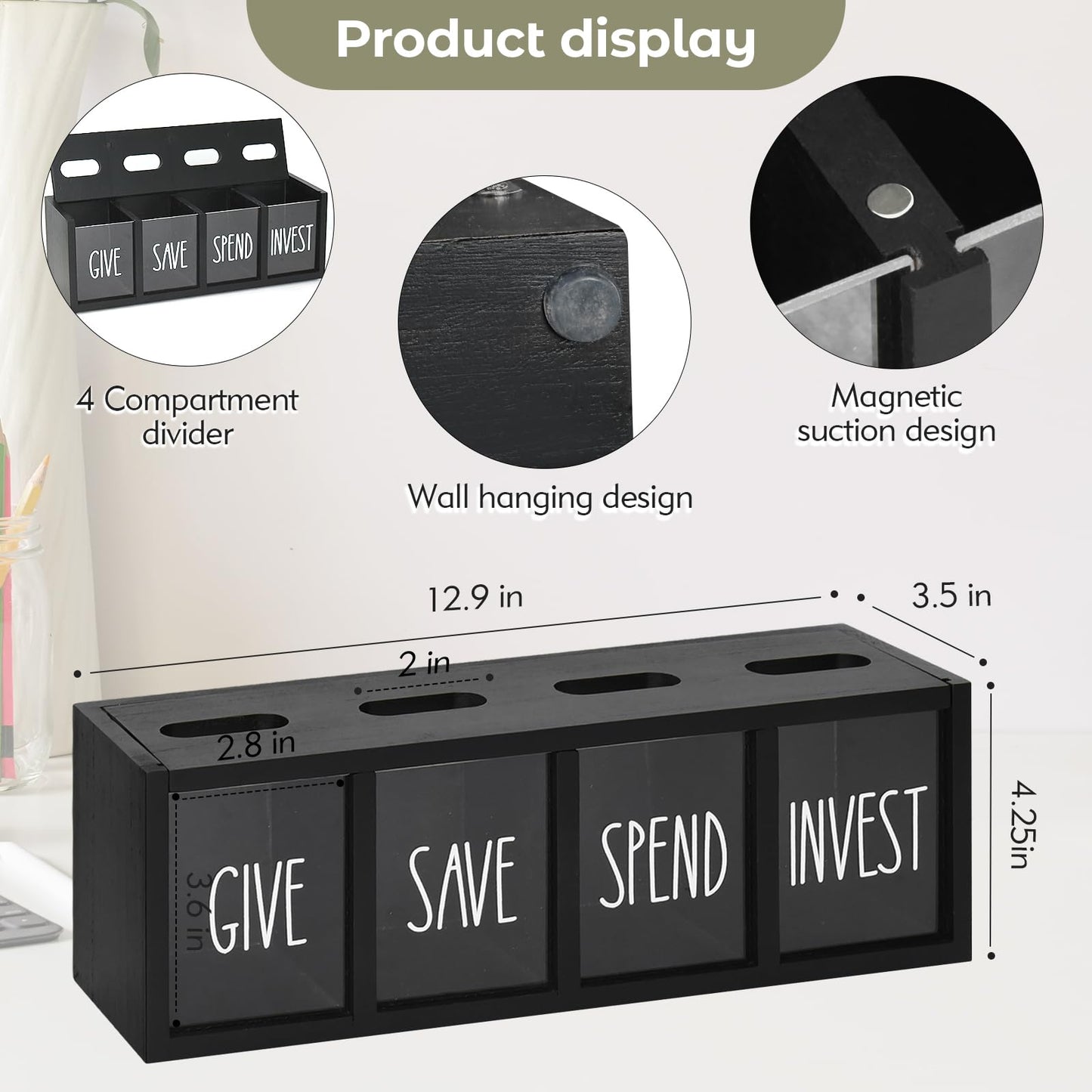Wooden Give Save Spend Invest Money Saving Box for Kids, Countertop Kid Piggy Bank for Daily Cash, Wall-Mount Kids Banks for Bills and Coins, Visualized Piggy Bank for Living Room, Laundry Room