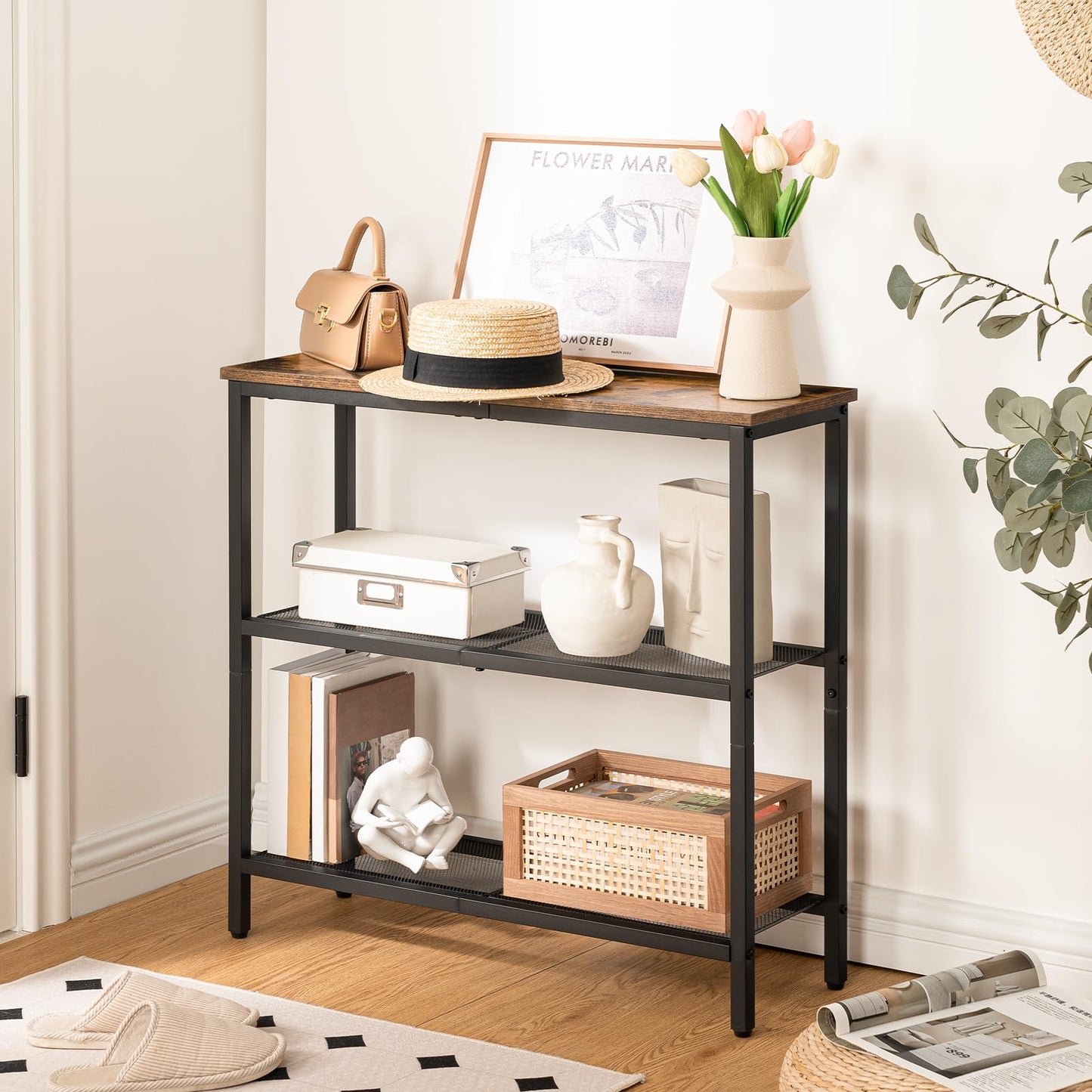 HOOBRO 29.5" Narrow Console Table Bundle, 5 Tiered Plant Shelf Flower Stand for Multiple Indoor Plants, for Hallway, Entrance, Living Room, Bedroom BF73XG01-BF06HJ01