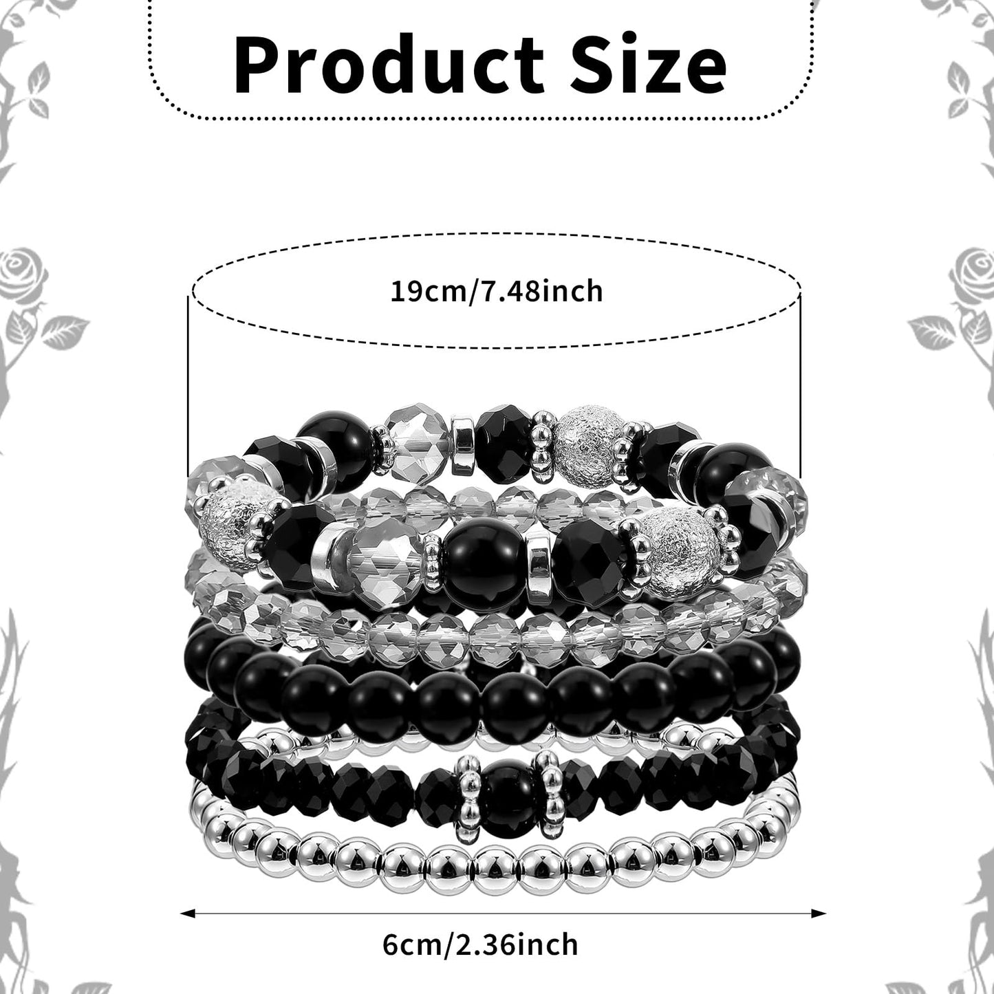 Ouligay 5 PCS Black Beaded Bracelets for Women Men Stackable Bracelet Gothic Crystal Bead Bracelets Stretch Layering Bracelet Anxiety Stress Relief Jewelry Gifts