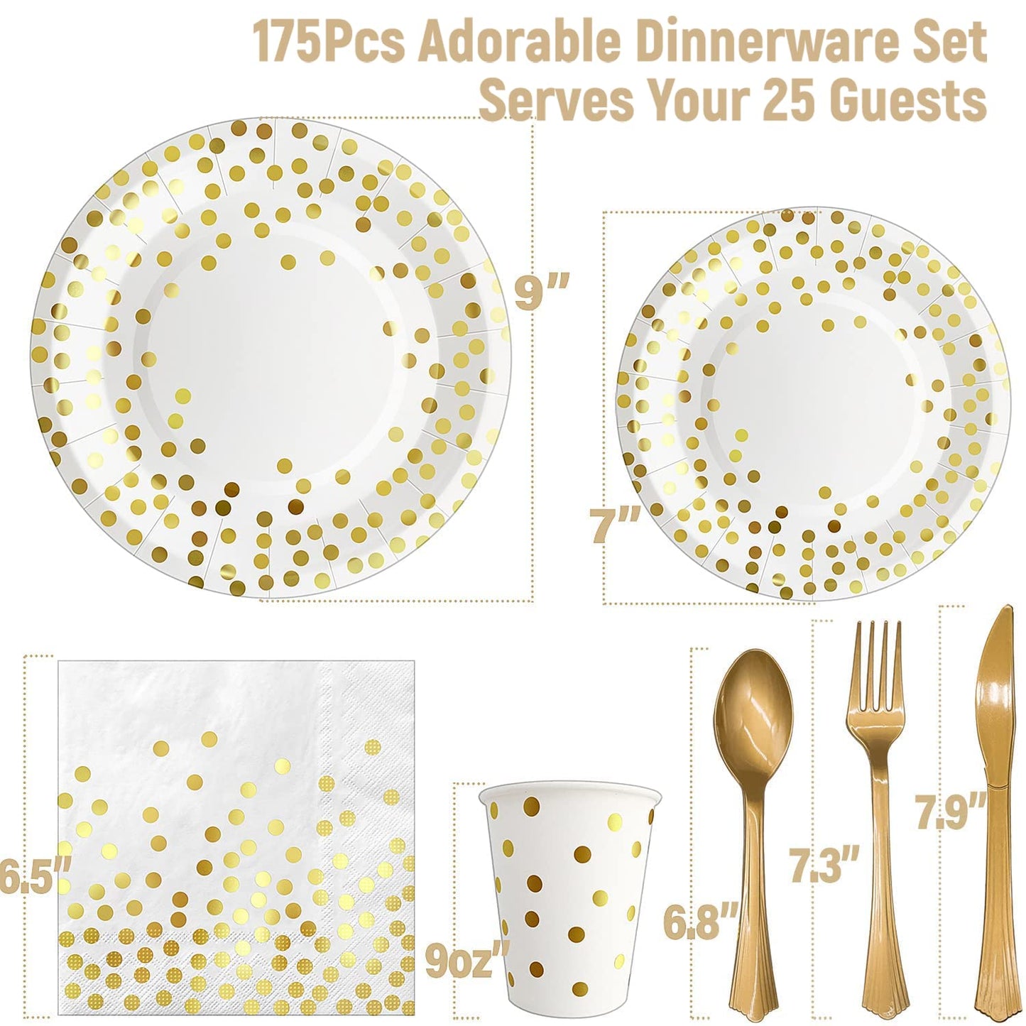 AIRE 175PCS White and Gold Paper Plates Party Supplies for 25 Guests Disposable Decorations Dinnerware Golden Dot Paper Plates Napkins Cups Gold Plastic Forks Knives Spoons for Mothers Day Birthday