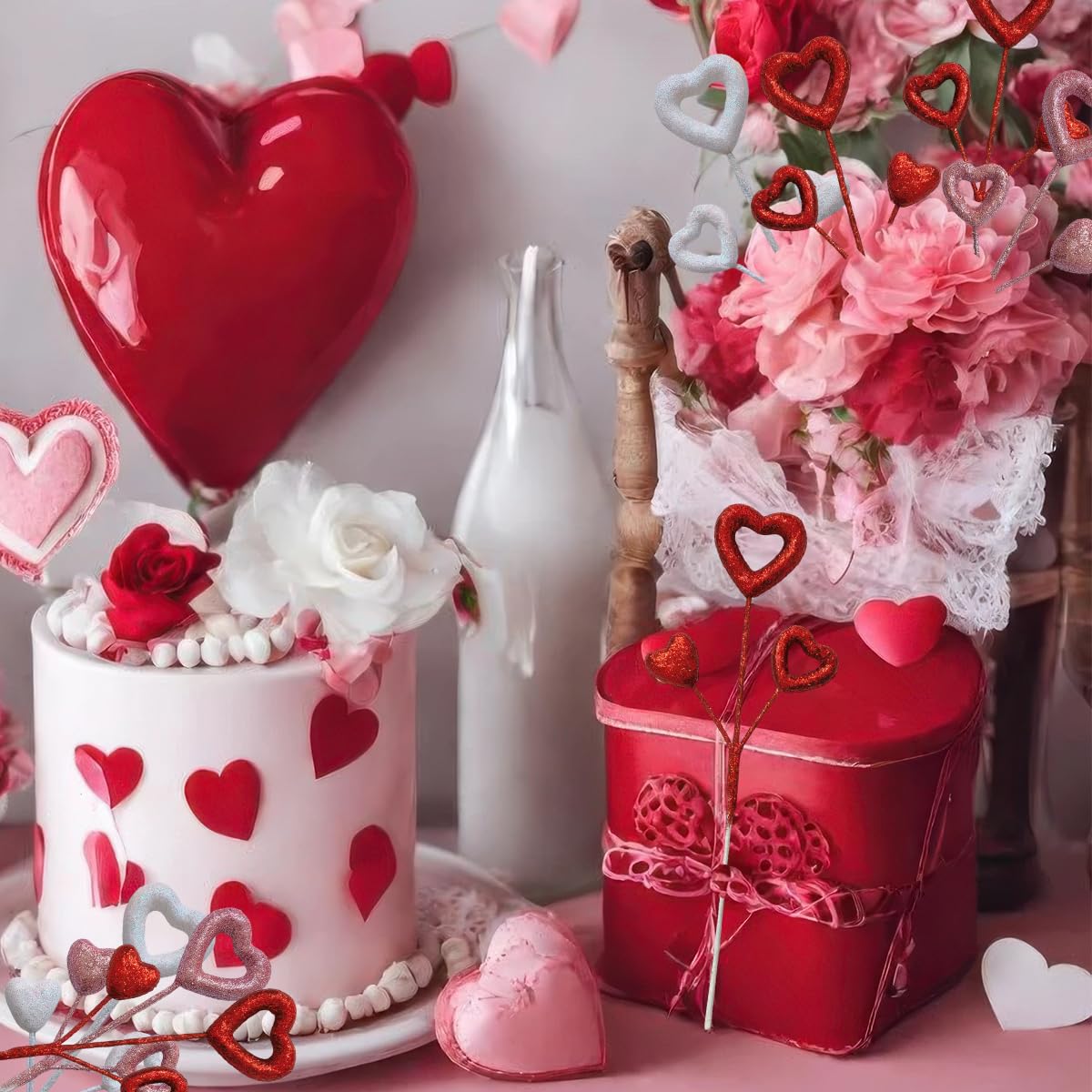 6 Pcs Glitter Heart Picks Valentine's Day Puffy Foam Hearts Floral Sparkly Sticks for Valentine Wedding Arrangements Party Vase Floral Bouquet Crafts Table Centerpiece Decorations