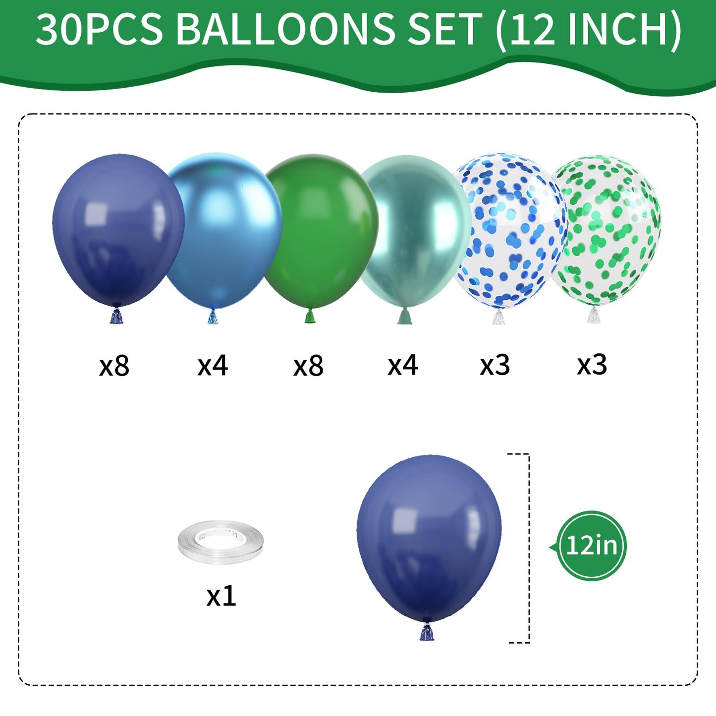 Blue and Green Balloon Set, 12 Inch Navy Blue Dark Green Balloons Metallic Chrome Ballons, Confetti Green Blue Balloons for Jungle Safari Theme Boys Birthday Party Decorations