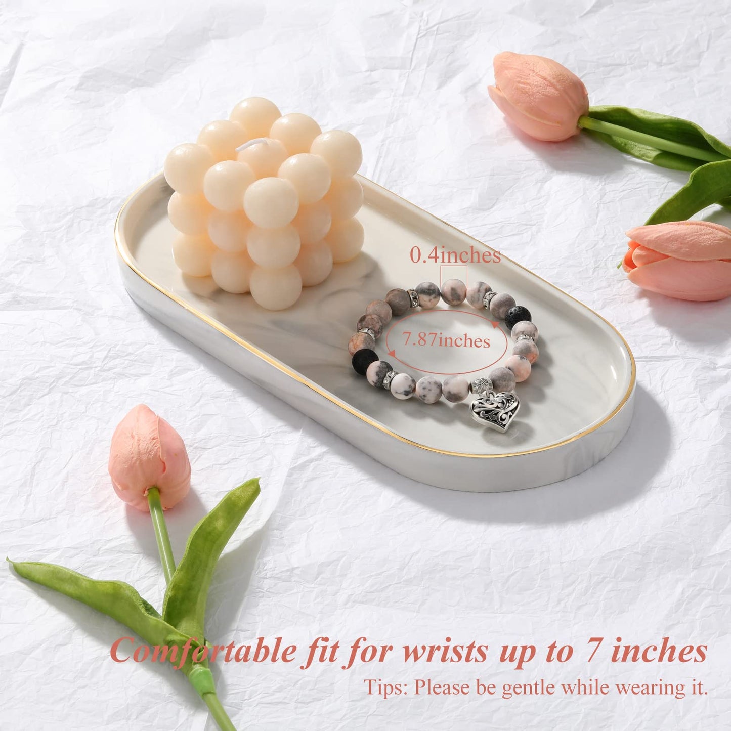 Emibele Healing Beaded Stretch Bracelets for Women, Anxiety Rose Quartz Crystal Bracelet with Healing Stones Lava Rock Silver Heart Charm, Essential Oils Stress Relief Bracelet for Yoga Meditation