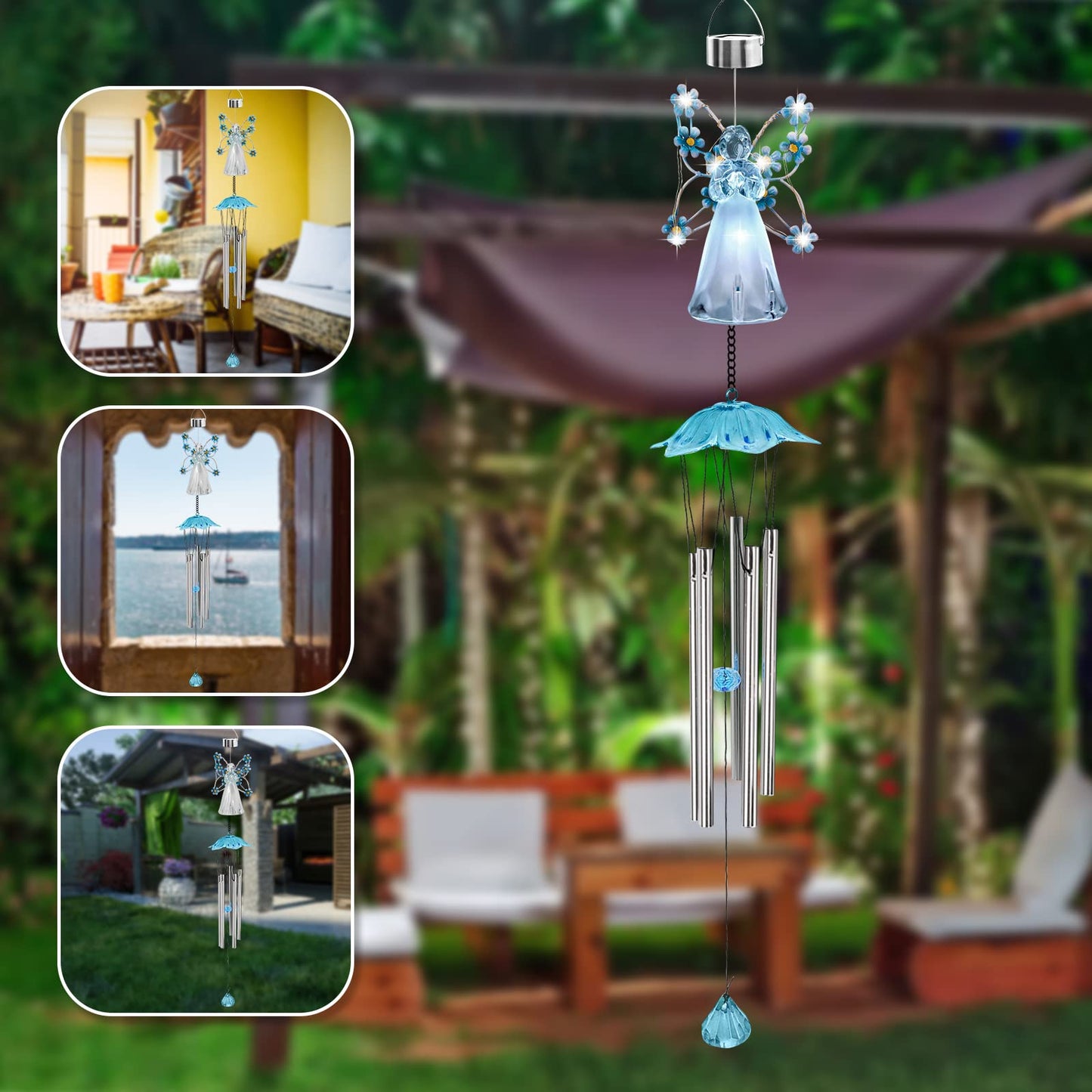 Solar Angel Wind Chimes - Outdoor Garden Decoration, Waterproof Solar Hanging Wind Chimes Lights for Garden, Window, Gazebo, Patio, Gifts for Women (Blue)