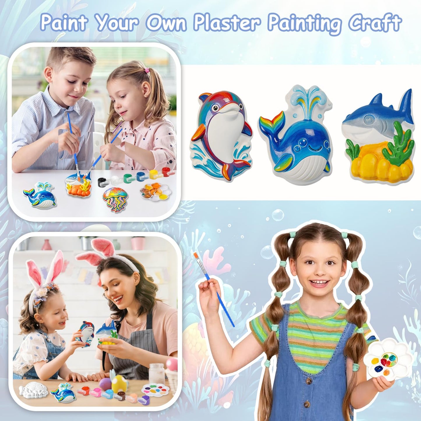 Yamgqus 24 Pcs Paint Your Own Plaster Jungle Animals Painting Kit, DIY Ceramic Arts and Crafts for Kids and Adults, Children Birthday Gift Party Event (Ocean)