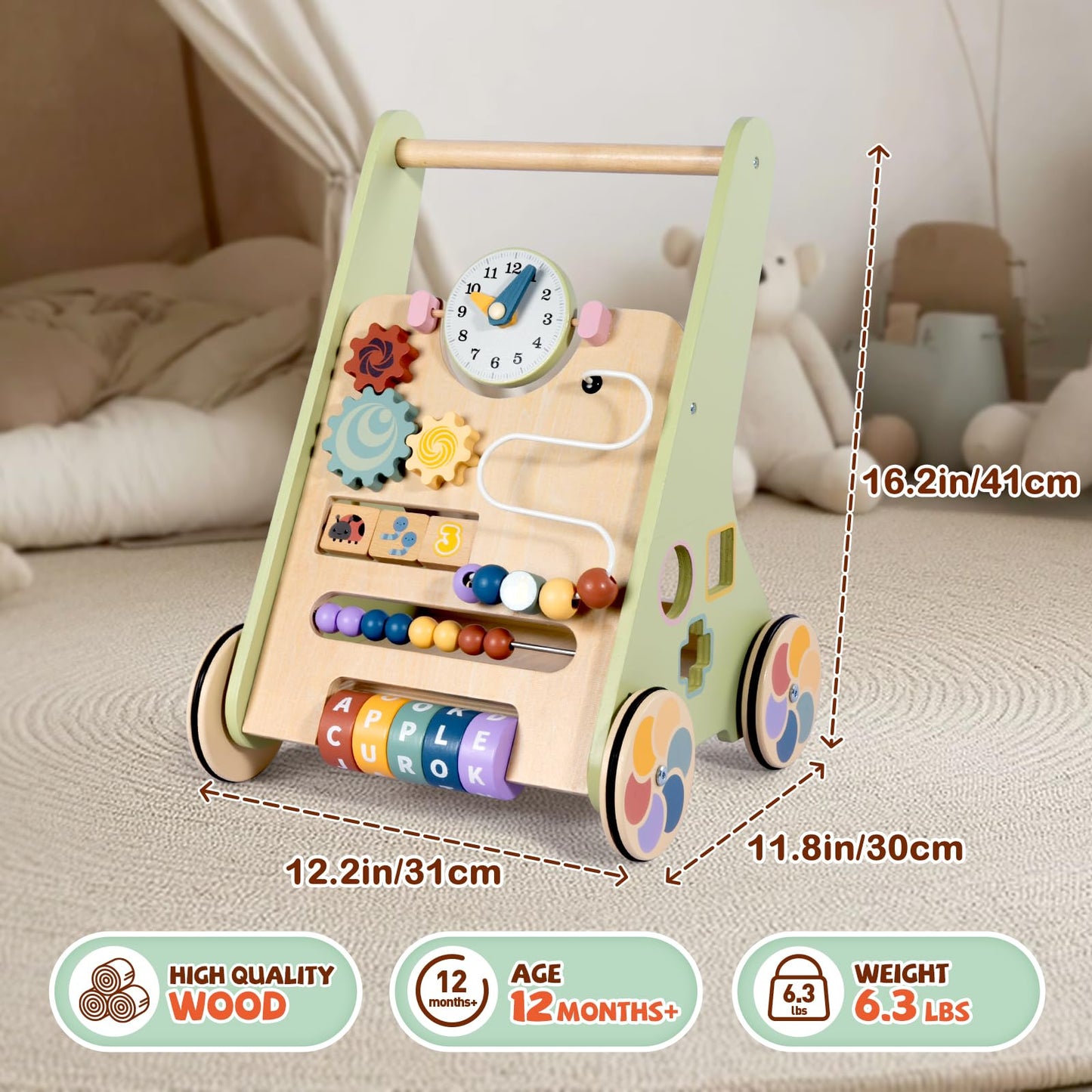 BAUTIA Wooden Baby Walker for 6-12 Months, Montessori Walker Push Toy for Toddlers Learning to Walk, Push Walker Baby Activity Center for Boys and Girls