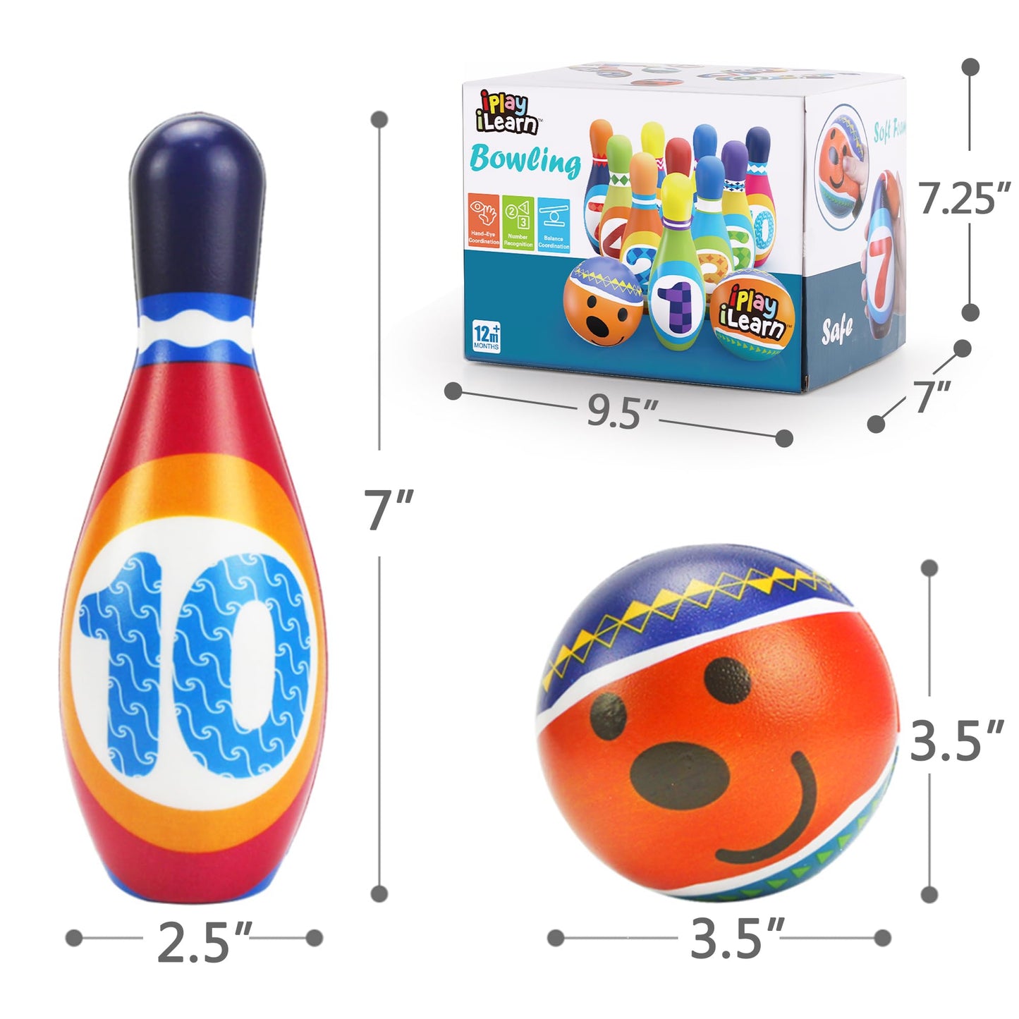 iPlay, iLearn Kids Bowling Toys Set, Toddler Indoor Outdoor Activity Play Game, Soft 10 Foam Pins & Two Balls Playset, Educational, Birthday Party Gift for 18 24 Months, 2 3 Year Old Children Boy Girl