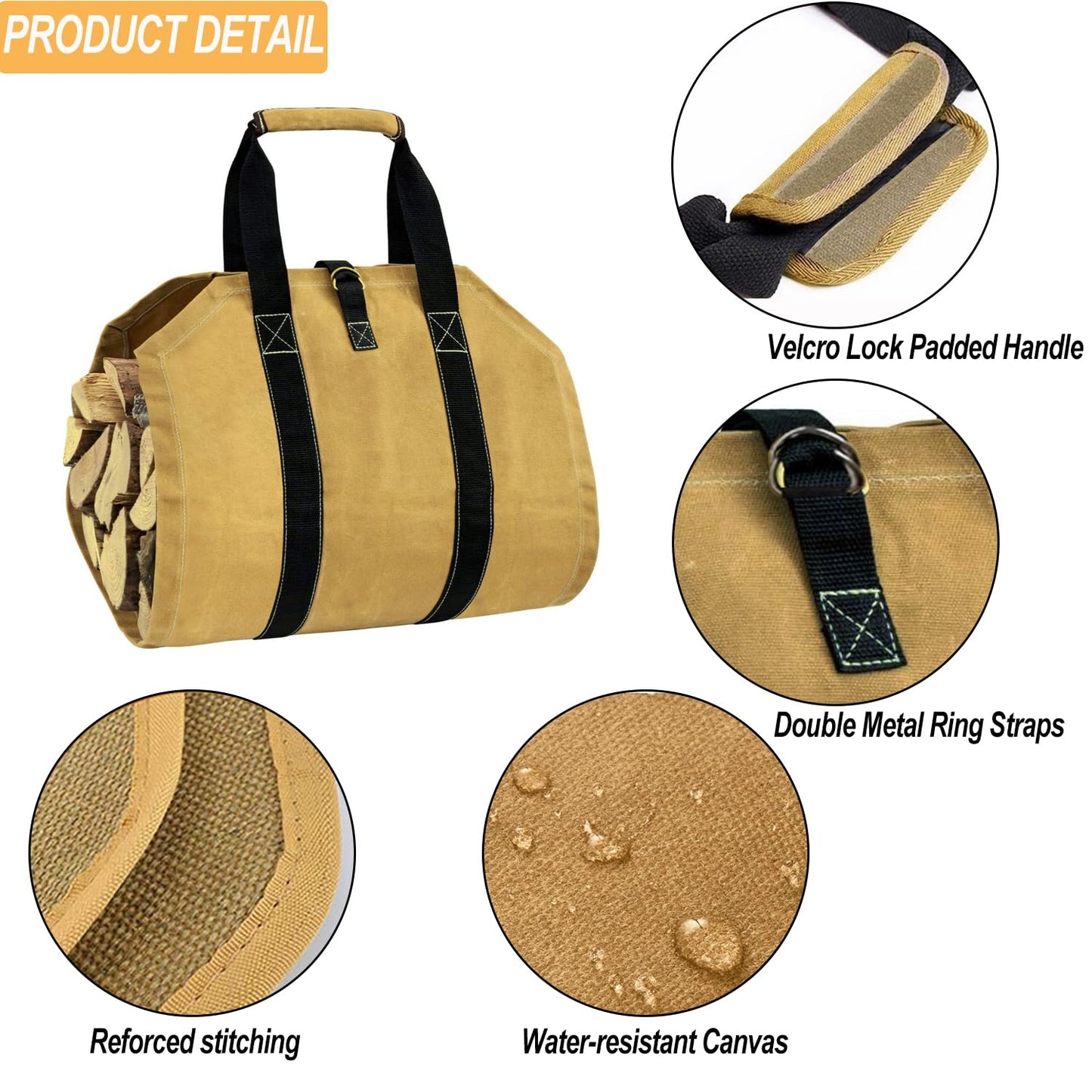 Softclub Firewood Carrier Bag with Handle, Heavy Duty Canvas Firewood Tote Bag 35.8 x 18 in, Log Carrier for Fireplace, Outdoor, Camping -Yellow