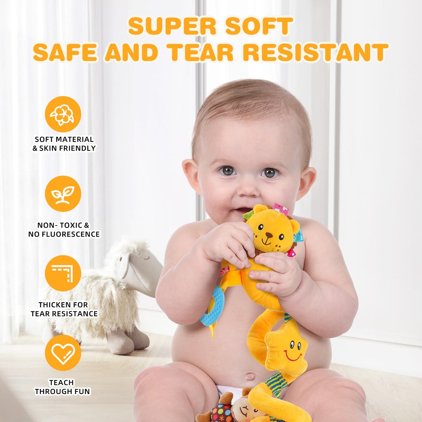 Jollybaby Crib Stroller Car Seat Toys for Baby 0-3-6-9-12 Months, Tummy Time Hanging Sensory Toys for Newborn with Music Box and Teether, Spiral Carseat Toy for Baby Boys Girls Gifts (07-Little Lion)