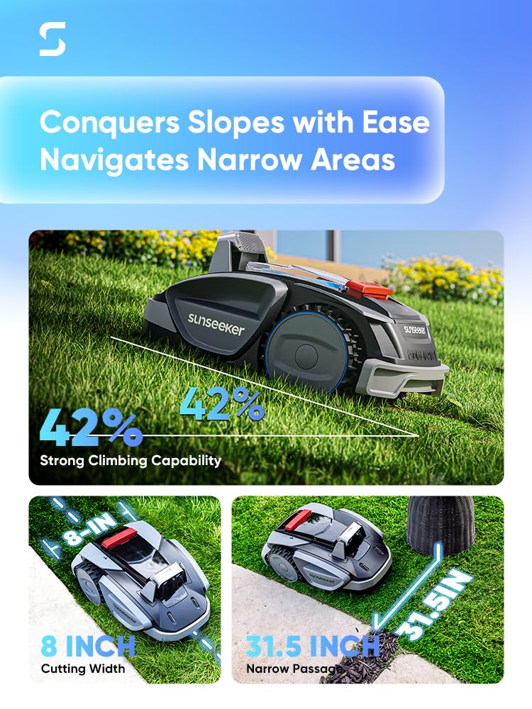 Sunseeker V3 Wireless Robot Lawn Mower 0.15 Acre/ 6,400 Sq. Ft, One-Click Mowing Automatic Lawn Mower, Vision AI Smart Obstacle Avoidance, 42% Slopes, Low Noise, Multi-Zone Navigation, App Control, In