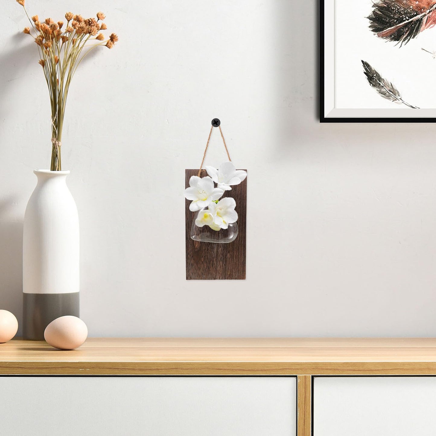 ifundom Wall Mounted Hydroponic Glass Vase with Wooden Stand, Small Flower Pot for Indoor Plant Propagation and Home Décor, Creative Hanging Terrarium Planter for Living Room and Office