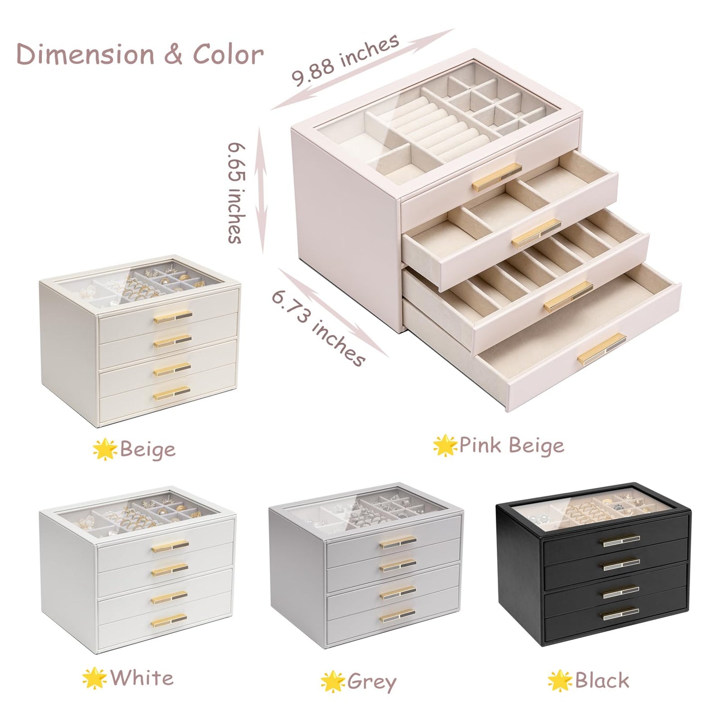 VLANDO 4-Drawer Jewelry Box with Glass Lid, Faux Leather Organizer for Rings Earrings Necklaces and More, Gift-Ready Jewelry Case for Women Girls or Moms, Beige