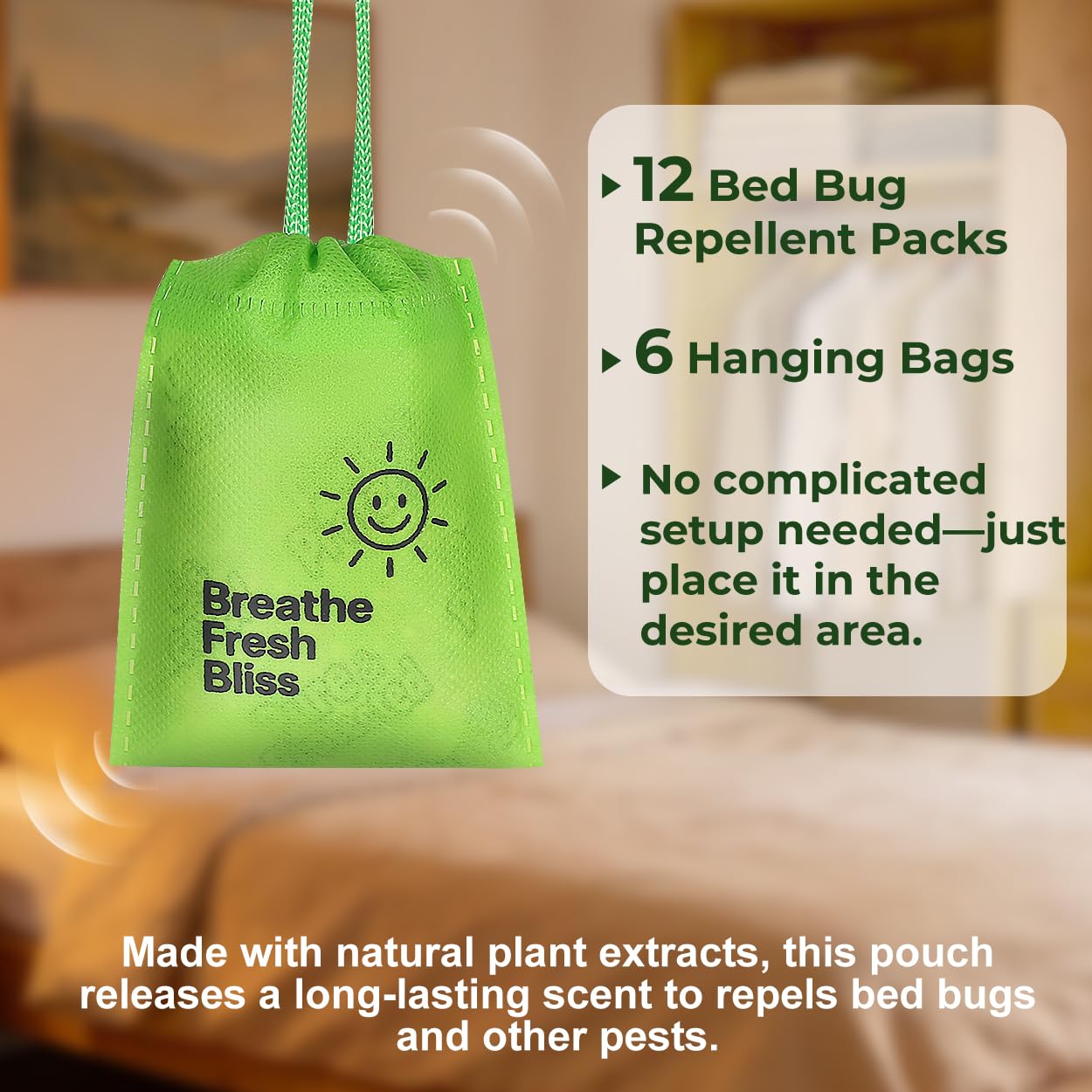 Bed Bug Repellent Pouches, 12 Pack Natural Plant Based Essential Oil, Flea and Mite Bedbug Deterrent for Indoor Home, Hotels and Luggage, Long Lasting Closet Bed Bug Prevention, No Residue Formula