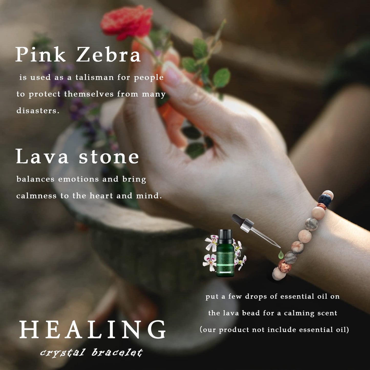 GolbalJew Healing Bracelet For Women Anxiety Beaded Bracelets Jewelry Healing Stone Crystal Bracelet Stress Relief Yoga Beads Chakra Bracelets Gifts For Women Rosa Quartz lava rock