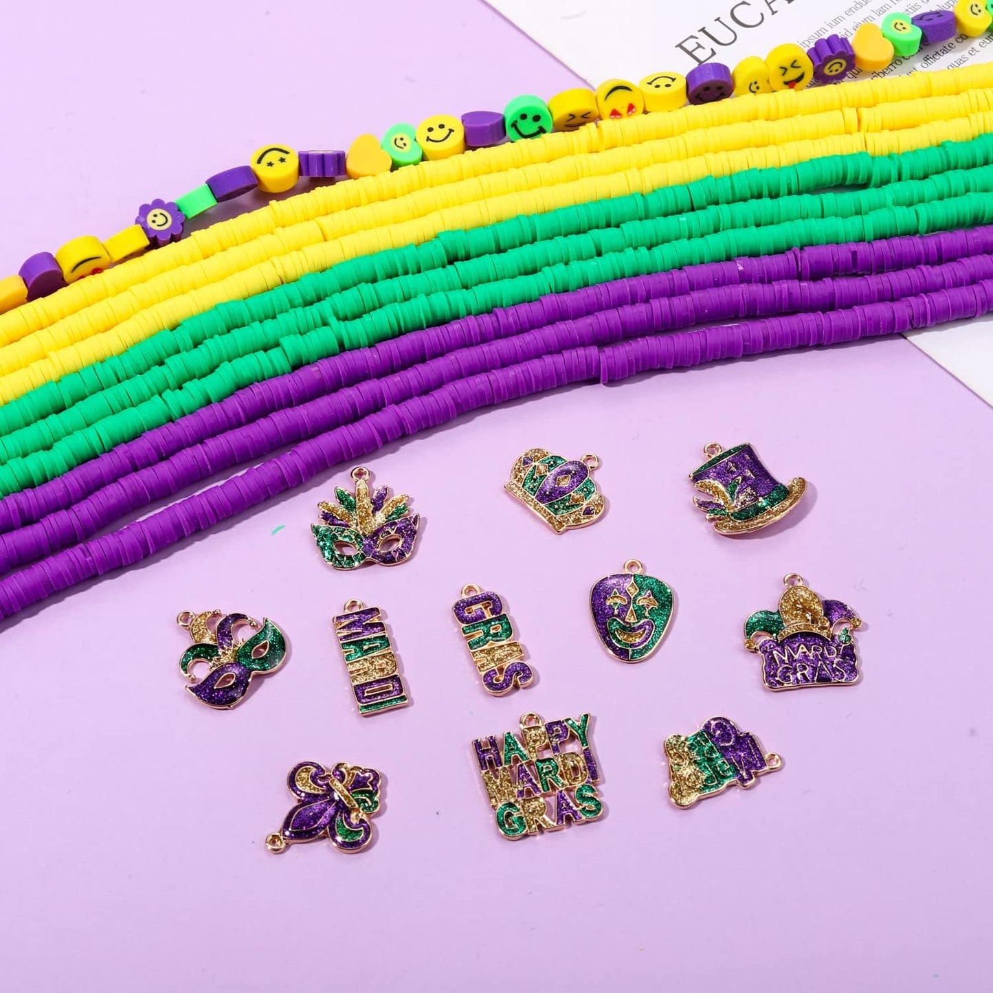 3000PCS+ Mardi Gras Clay Beads for Jewelry Making, Gold Purple Green Polymer Clay Heishi Beads, Enamel Jestyer Crown Mask Fleur De Lis Charms for Bracelet Necklace Making DIY Crafts (Mardi Gras)
