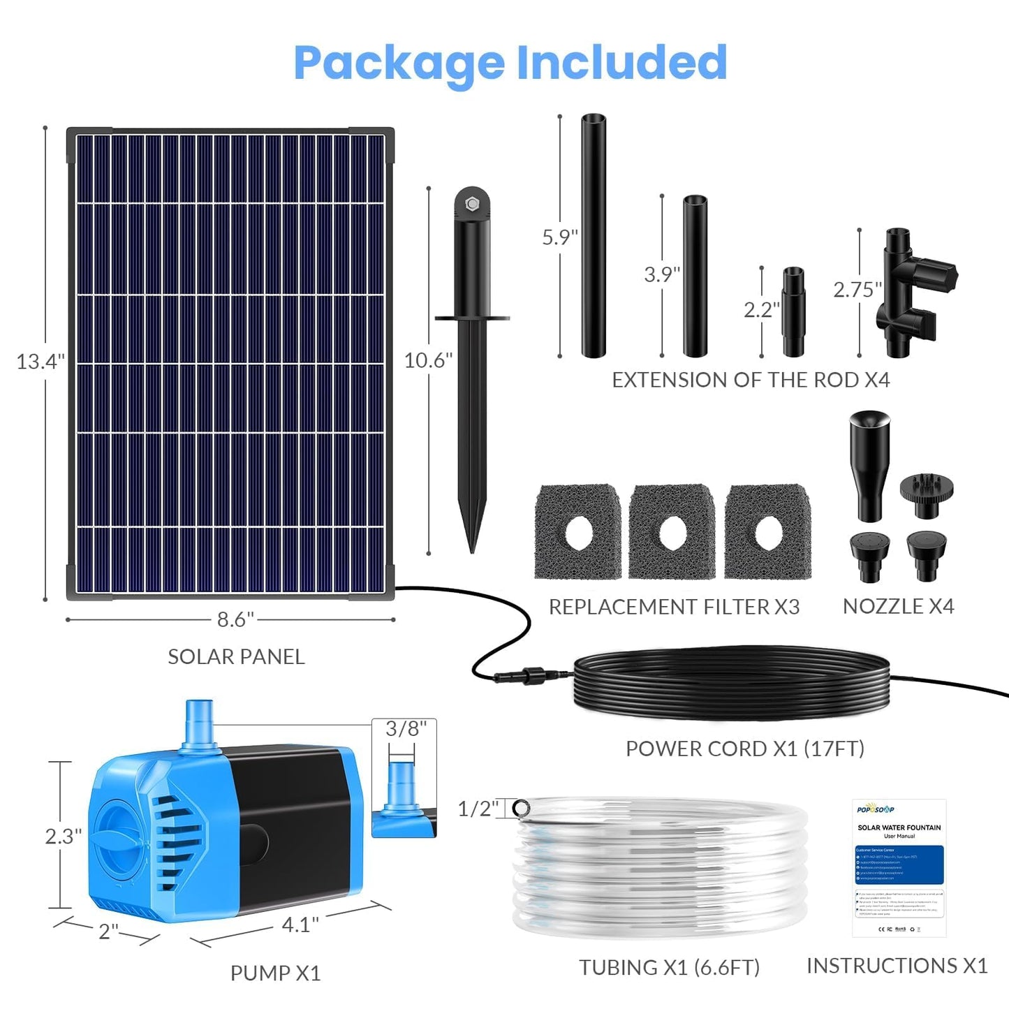 POPOSOAP 12W Solar Water Fountain Pump, 160GPH Solar Pond Pump with Dry-Run Protection, Solar Water Pump Kit with 4 Nozzles, 16.5ft Cord & 6.6ft Tubing for Ponds, Gardens,Hydroponics-P112L